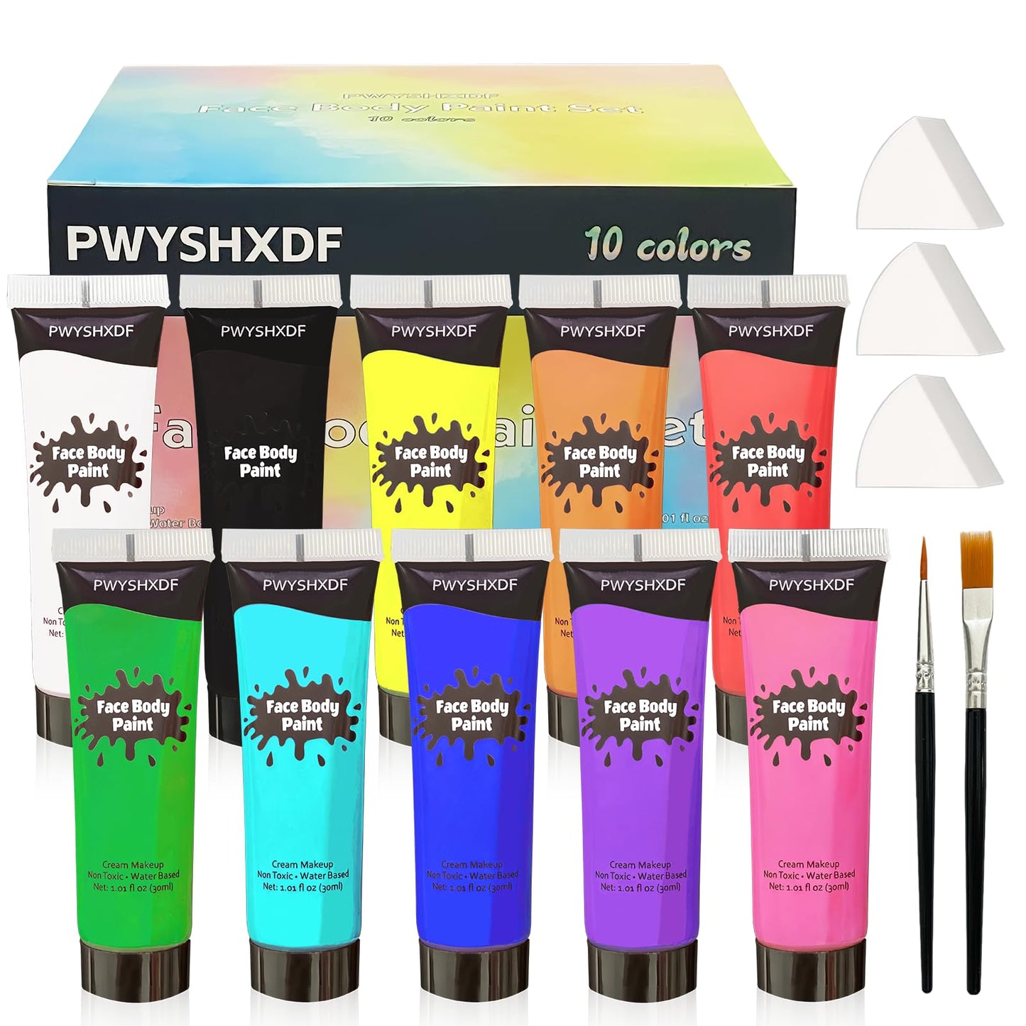 PWYSHXDF 10 Colors Face Body Paint Set, Water Based Body Paint for Adults, Washable Face Paint Kit with Brushes & Sponges, Non-Toxic Face Painting Beauty & Personal Care PWYSHXDF