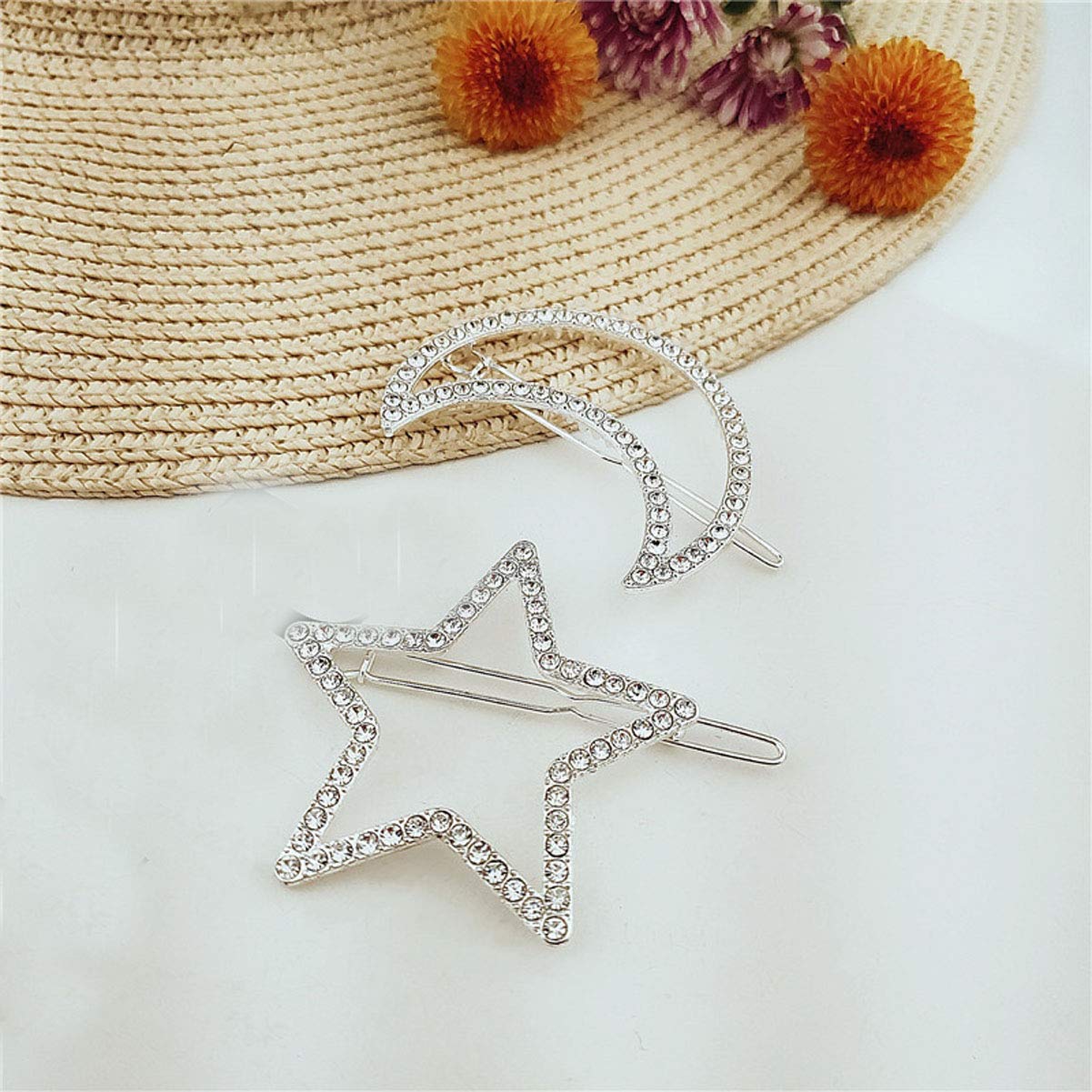 2 Pcs Silver Rhinestone Crystal Geometric Stars Moon Hair Clip Fashion Woman Hollow Side Clip Barrettes Hairpin Hair Accessories Beauty & Personal Care Teppylony