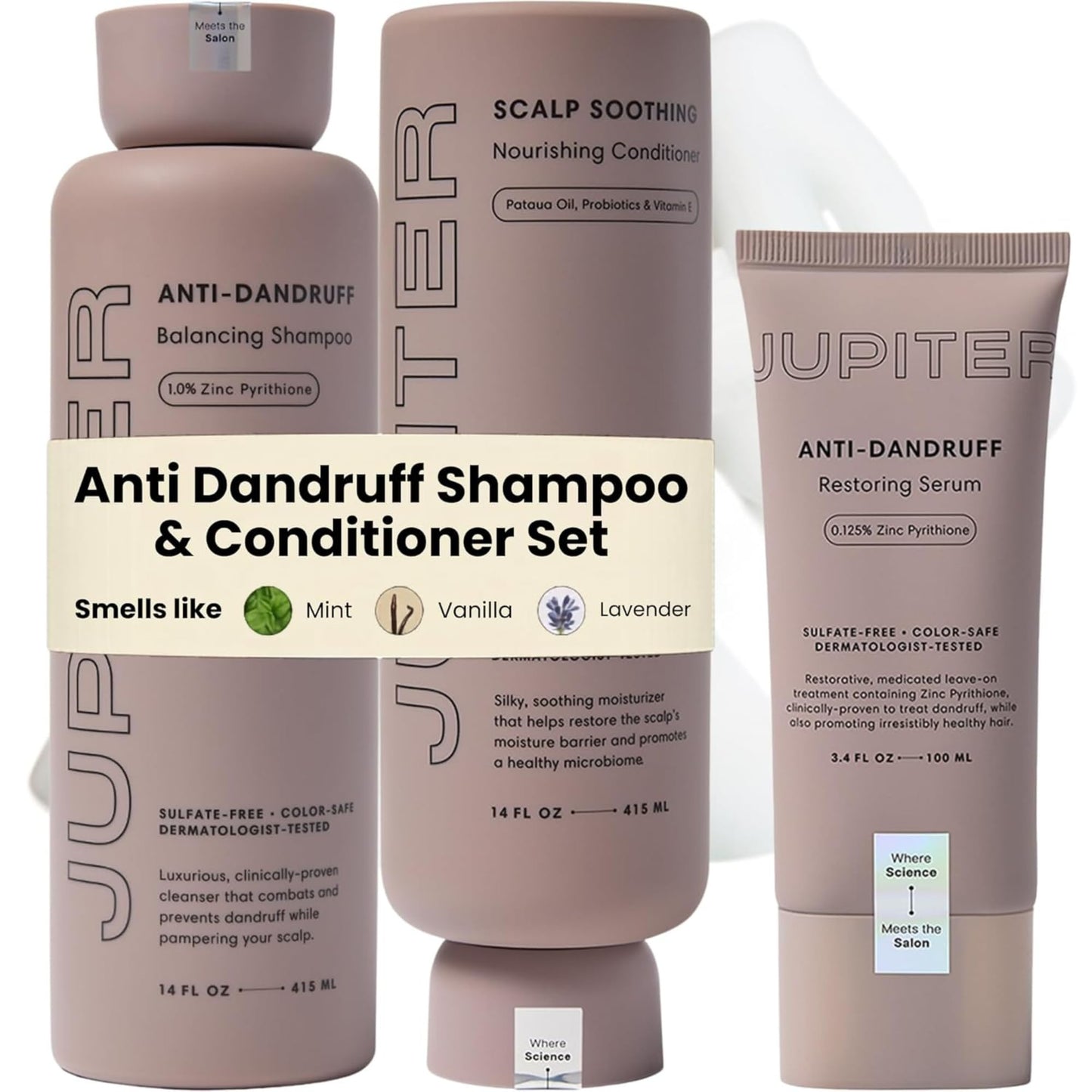Jupiter Anti Dandruff Shampoo, Conditioner & Serum for Flaky, Itchy, Oily & Dry Scalp - Nourishes Scalp, Reduces Breakage & Flakes - Color-Safe Beauty & Personal Care Jupiter