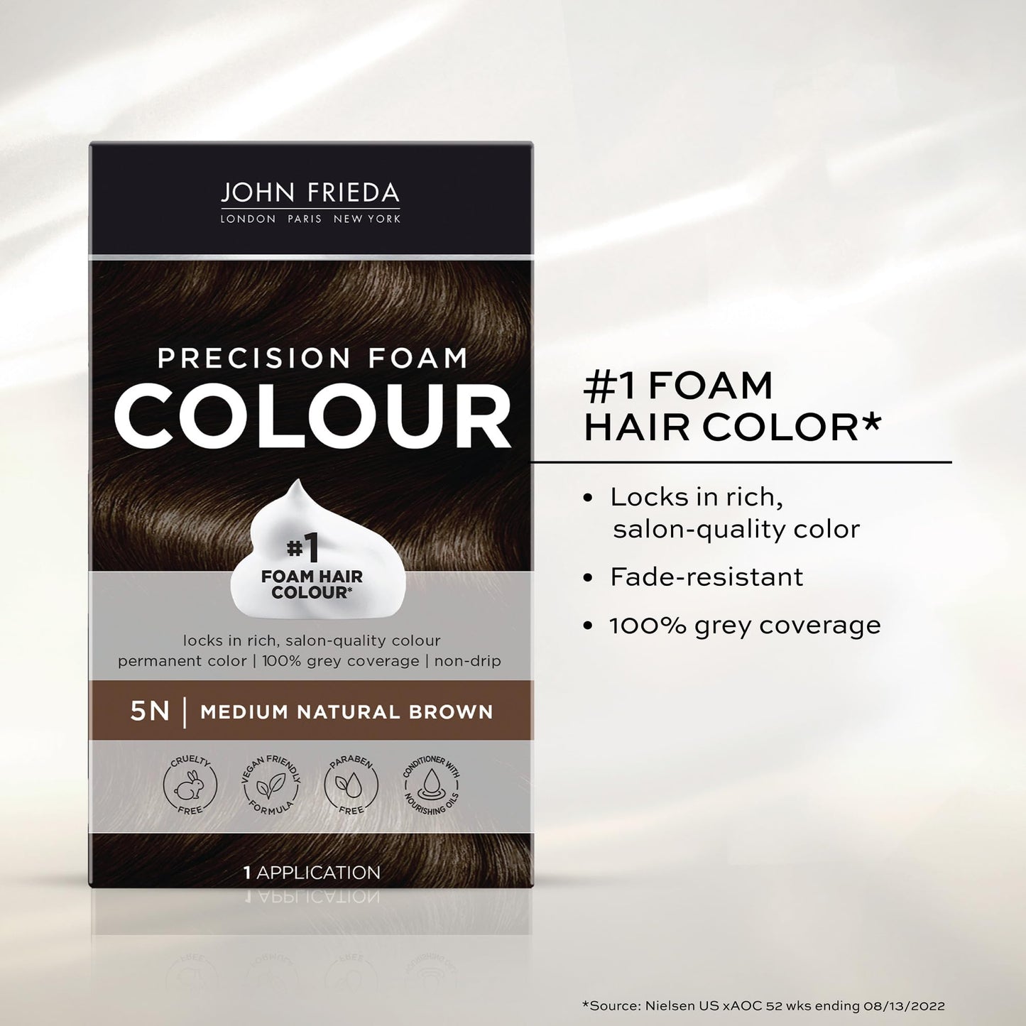 John Frieda Precision Foam Colour, Medium Natural Brown 5N, Full-coverage Hair Color Kit, Anti-Fade Gray Coverage, Deep Color Saturation Hair Dye, 1 Beauty & Personal Care John Frieda