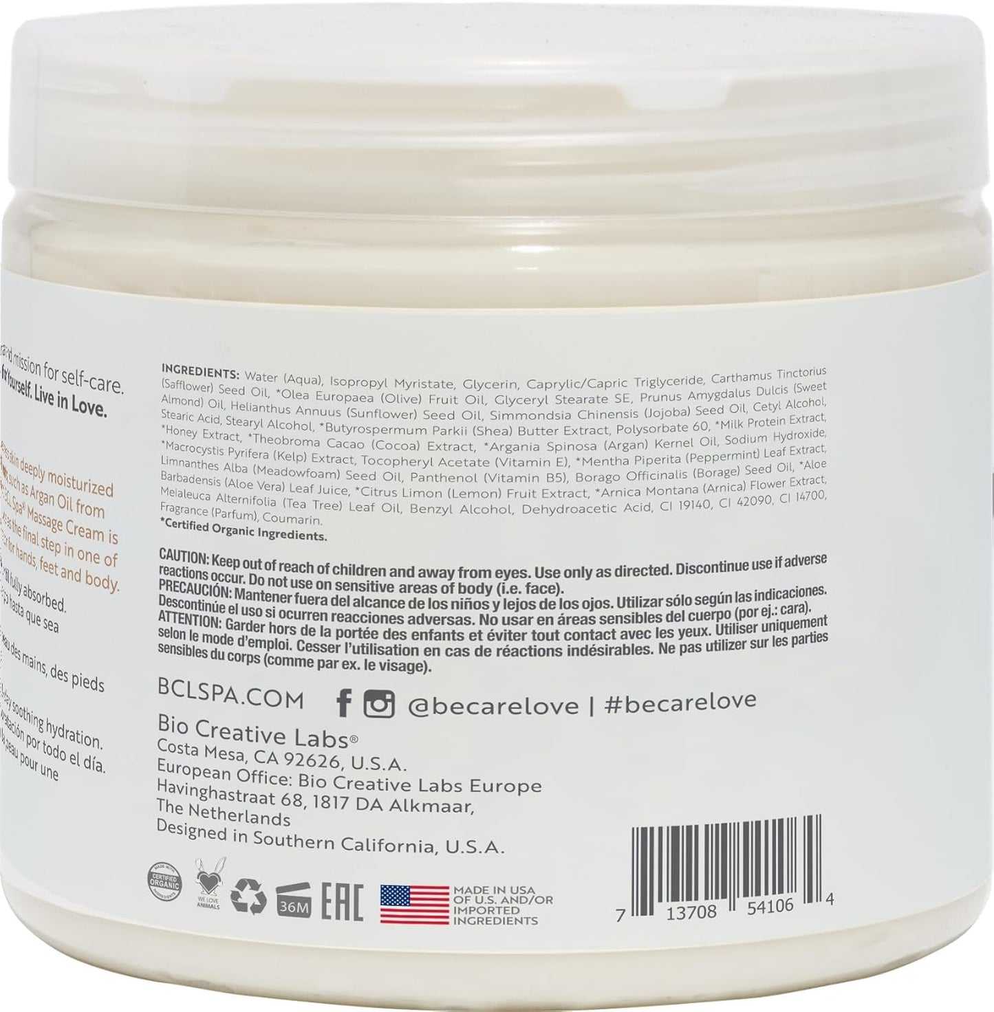 BCL SPA Massage Cream Organic Milk & Honey with White Chocolate Body Lotion, Shea Butter, Aloe Vera, Arnica, Peppermint, Kelp, Tea Tree, Olive, Argan Beauty & Personal Care BCL SPA