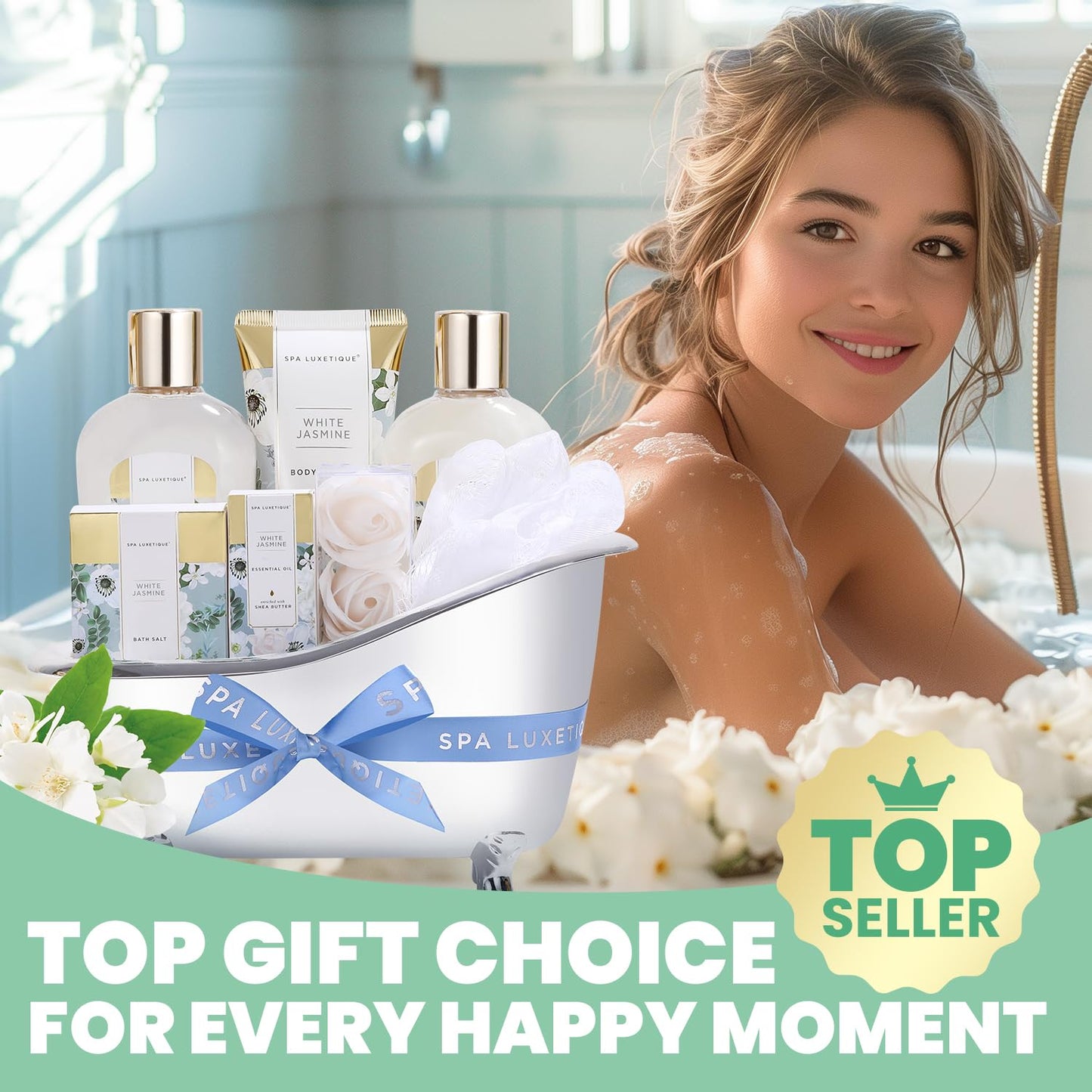 Spa luxetique Bath and Body Gifts for Women 8pcs Jasmine Scented Spa Sets with Bubble Bath Gift Baskets for Women Mother's Day Gifts for Mom Beauty & Personal Care spa luxetique