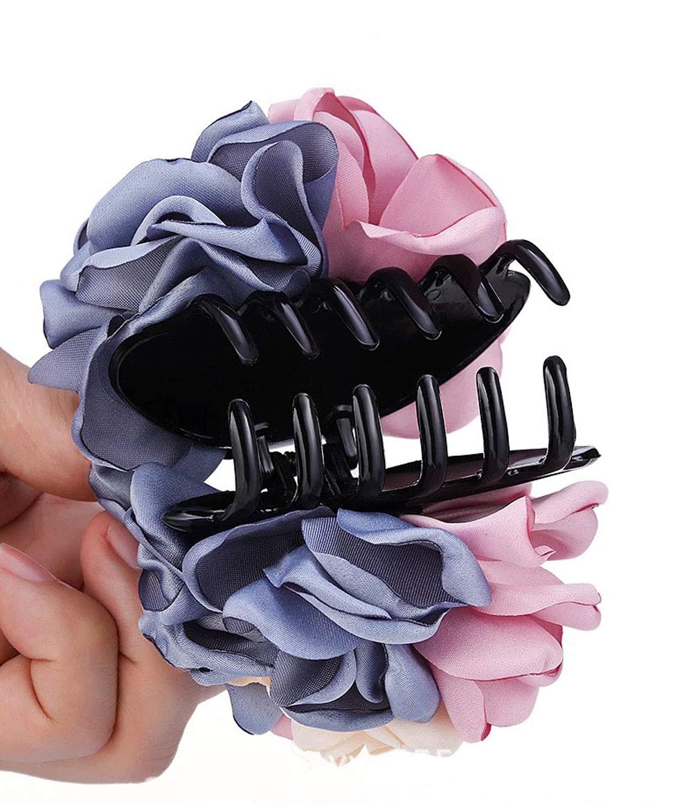 2PCS Sweet Large Rose Flower Hair Claws Beauty Ribbon Bow Hair Clips Headwear Hair Jewelry for Women Accessories (Pink + Pink blue) Beauty & Personal Care Suoirblss
