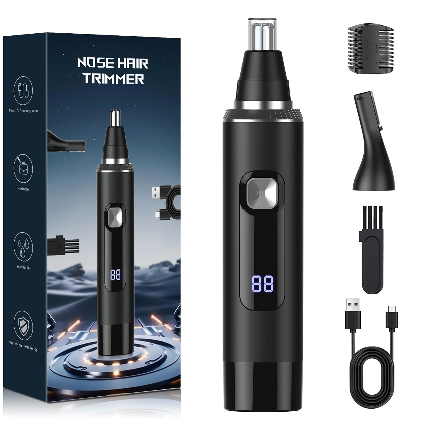 Ginity Nose Hair Trimmer for Men, 2-in-1 Rechargeable Ear and Nose Hair Trimmer with LED Display, IPX7 Waterproof Painless Precision Groomer, Type-C Beauty and Personal Care Ginity