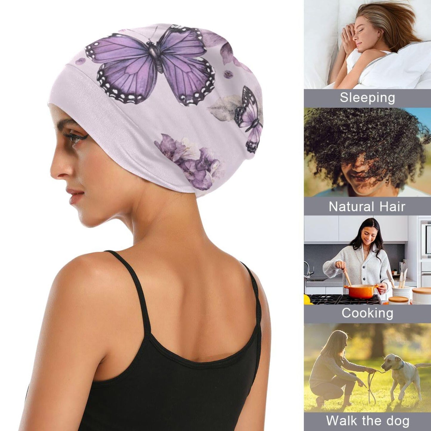 ElliTarr Beanie Hat Satin Bonnet Lined Sleep Cap Hair Wrap Cover Slouchy Beanie for Curly Hair Protection for Gifts for Men Women Pastel Purple Beauty and Personal Care ElliTarr