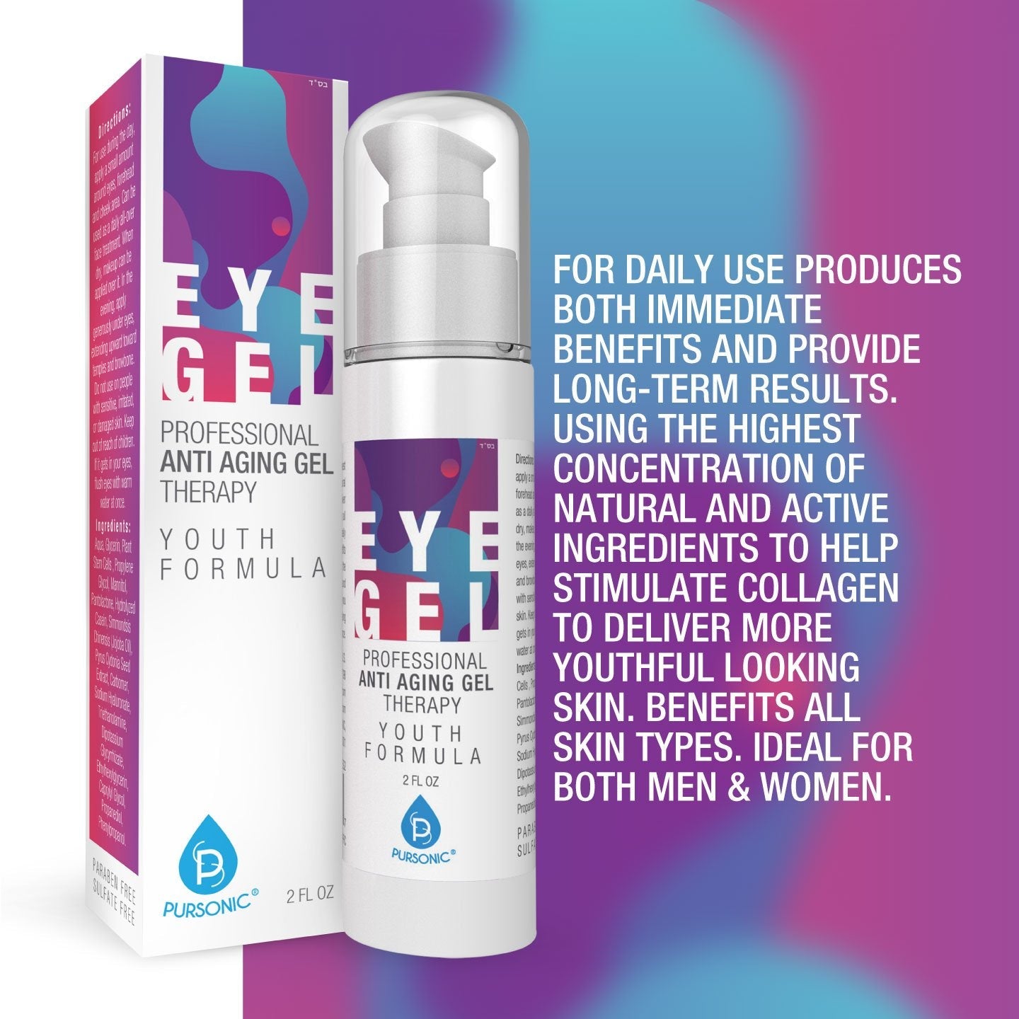 Pursonic Professional Anti-Aging Eye Gel 2 oz – Organic Formula with Hyaluronic Acid for Dark Circles, Puffiness, Wrinkles & Under-Eye Bags Beauty & Personal Care Pursonic
