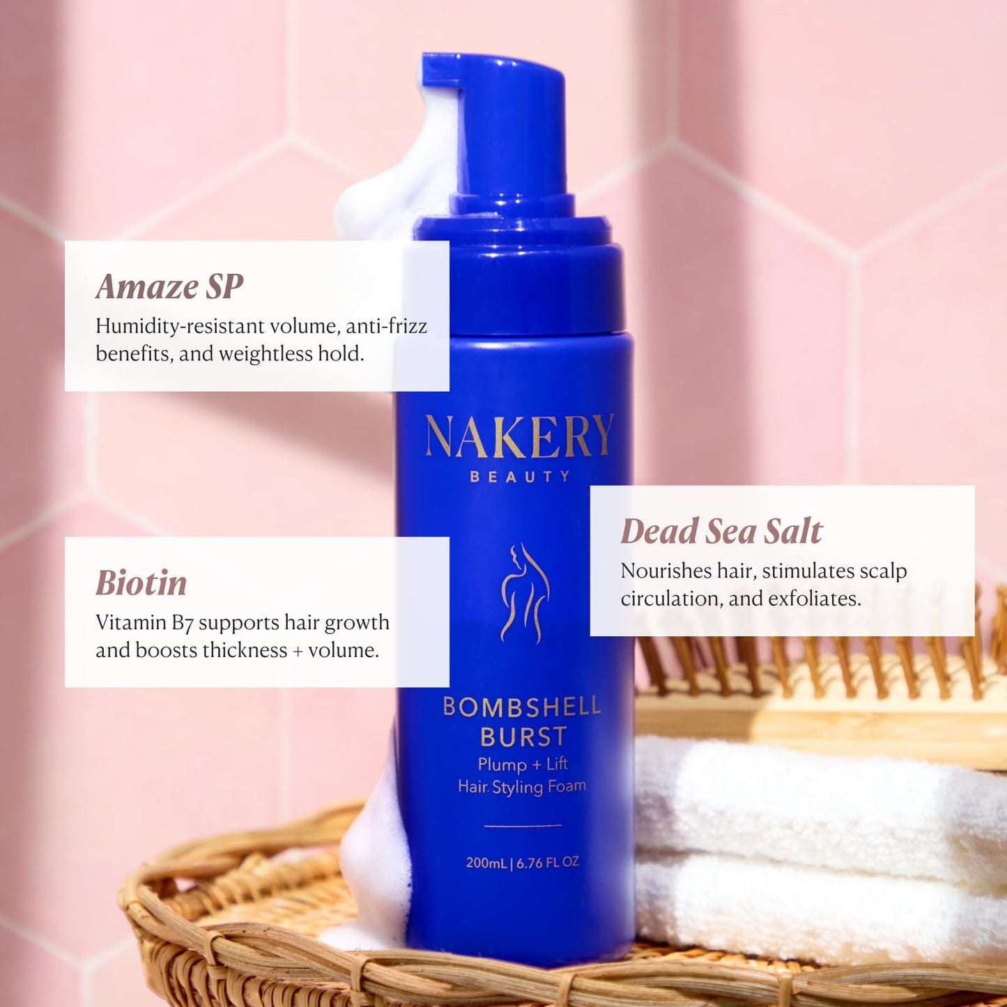Nakery Bombshell Burst Hair Foam, Volumizing Mousse for Styling Curly and Straight Hair, Lightweight Foam with Biotin, Keratin, Panthenol, Texture Beauty & Personal Care Nakery