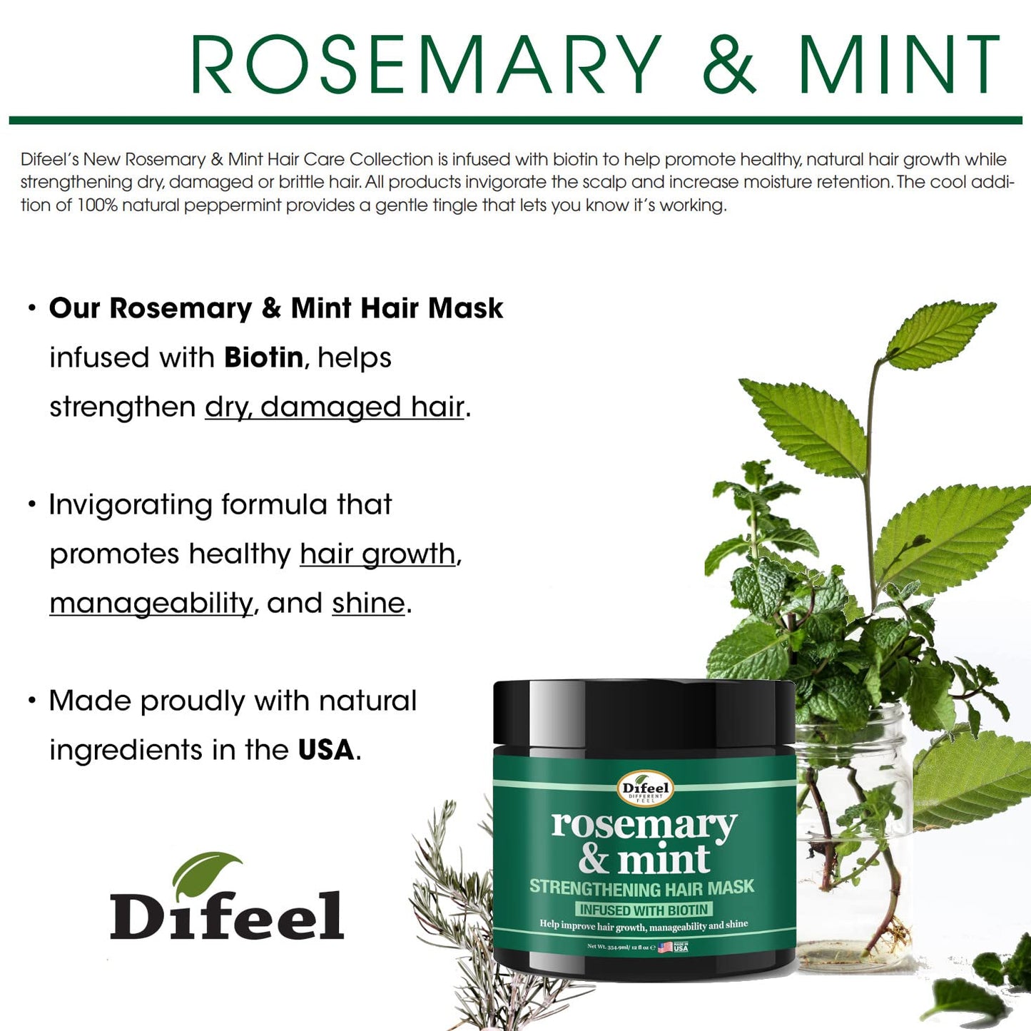Difeel Rosemary and Mint Strengthening Hair growth Mask with Natural Rosemary Oil and Biotin 12 oz. Beauty & Personal Care Difeel