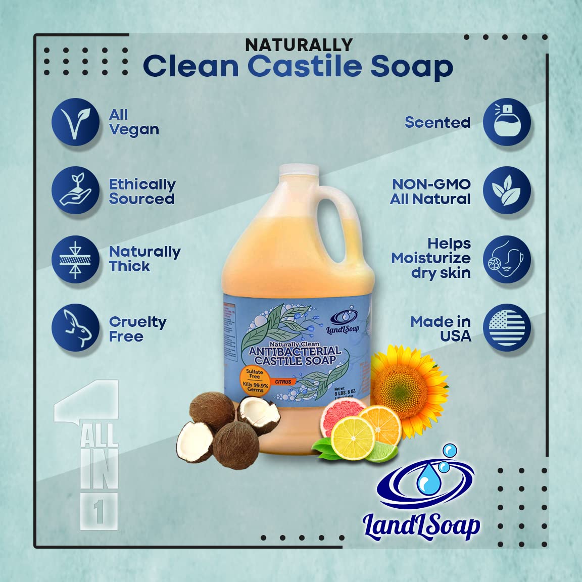 LandLSoap Citrus Antibacterial Pure Castile Soap Liquid for Face, Hand & Body Wash, Vegan, Non-GMO, Made in USA, Dry & Sensitive Skin (1 Gallon) Beauty & Personal Care LandLSoap