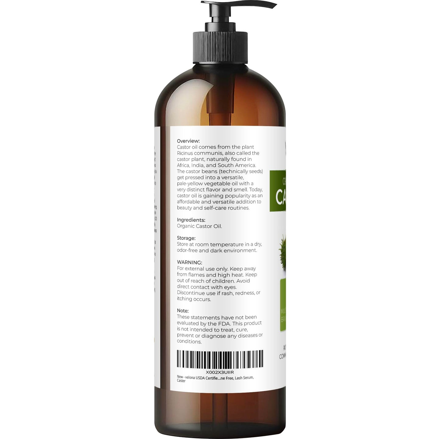 velona USDA Certified Organic Castor Oil - 16 fl oz (With Pump) | For Hair Growth, Boost Eyelashes, Eyebrows | Cold pressed, Natural Oil, USP Grade | Beauty & Personal Care velona