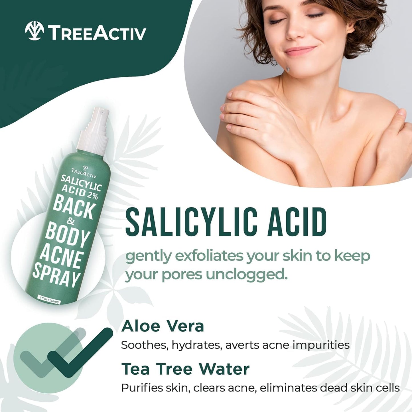 Salicylic Acid Back & Body Acne Spray, Back Acne Solution For Women And Men, Acne Body Spray with Tea Tree Oil, Fast-Drying Back Acne Spray, Fine Beauty & Personal Care TreeActiv