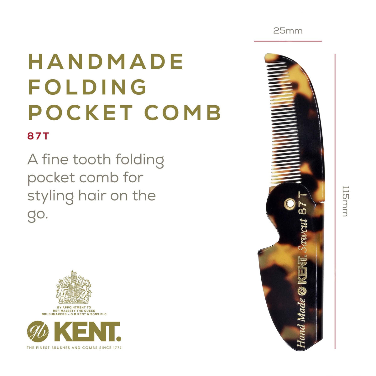 Kent 87T TY Handmade Folding Pocket Comb for Men, Fine Tooth Hair Comb Straightener for Everyday Grooming Styling Hair, Beard or Mustache, Use Dry or