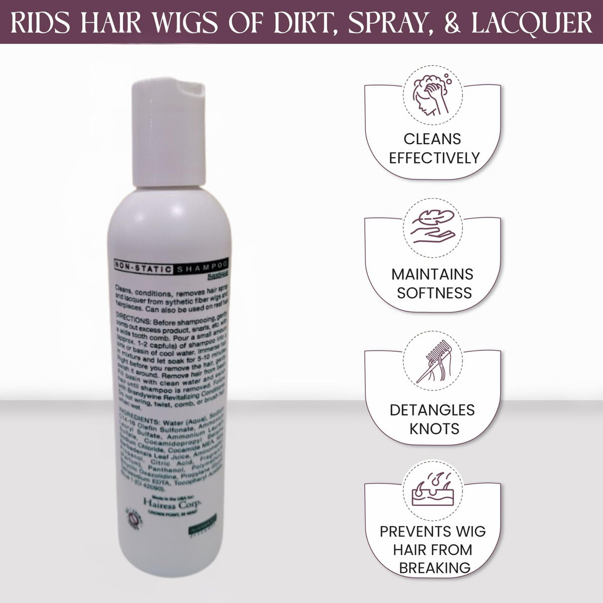 Brandywine Non Static Wig Shampoo for Synthetic & Human Hair, 16 Fl Oz