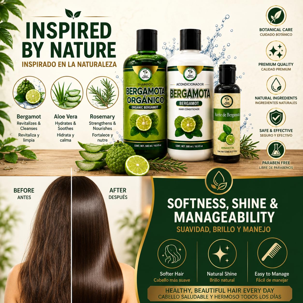 Shampoo Organic Bergamot + Conditioner (16.9 fl oz) with Aloe Vera & Rosemary | SHAMPOO ORGÁNICO BERGAMOTA con Sábila & Romero + Acondicionador 16.9 Beauty & Personal Care HIGH SUPREME