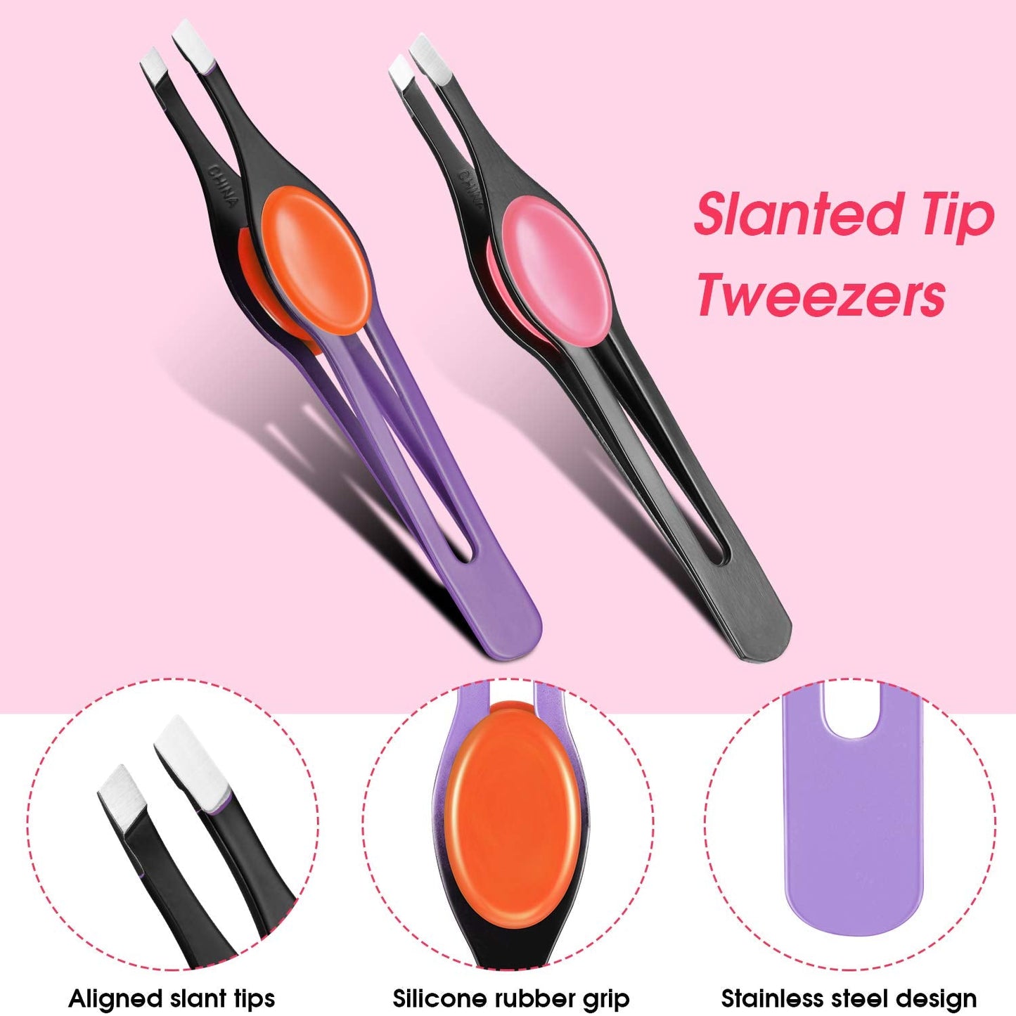 Chumia 5 Pieces Non-Slip Grip Tweezers Slanted Tip Stainless Steel Tweezer Wide Precision Tip Clip Tweezer for Ingrown Hair Eyebrow Shaping Splinter Beauty & Personal Care Chumia