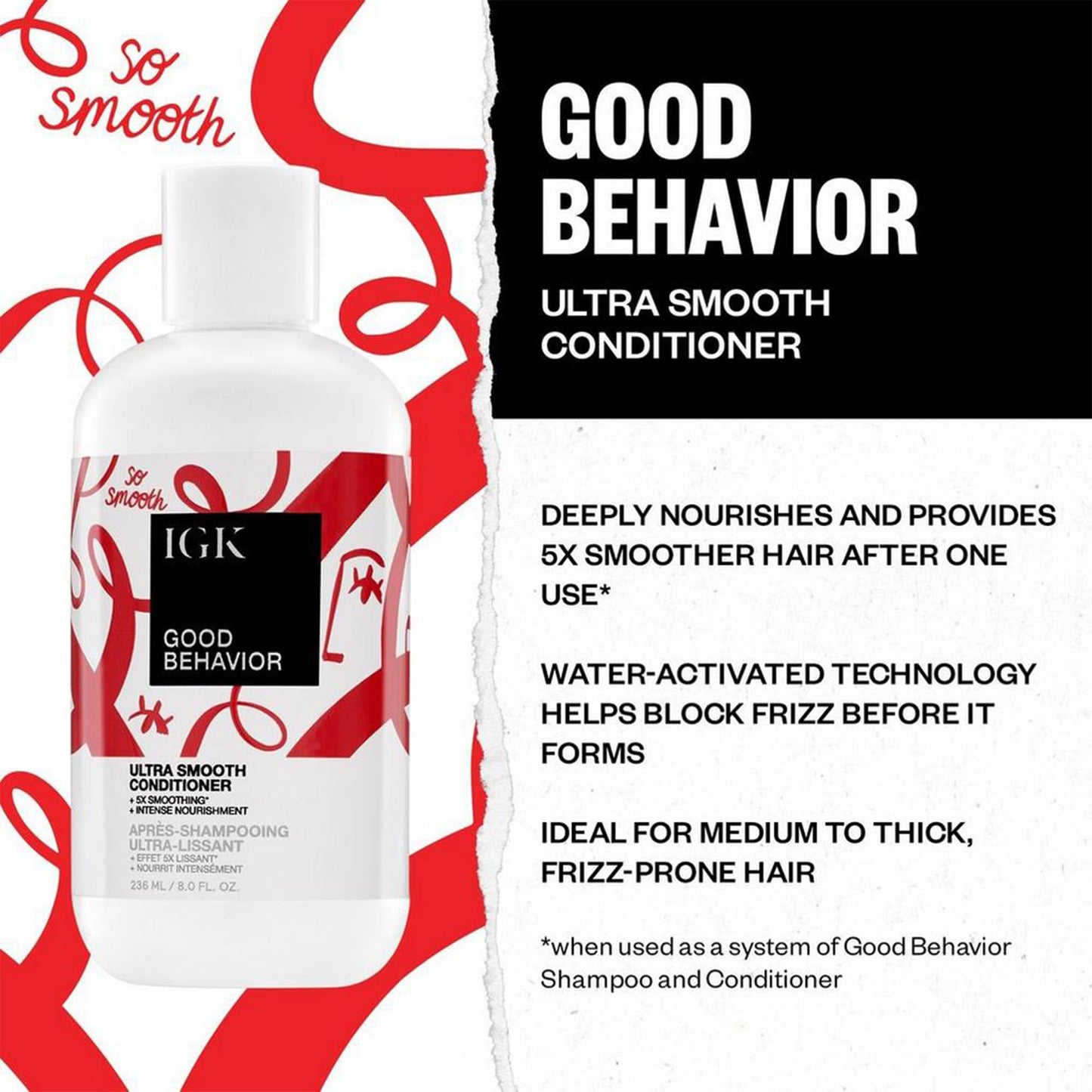 IGK GOOD BEHAVIOR Ultra Smooth Shampoo & Conditioner Set + Travel Size Packettes | Frizz Control + Shine | Vegan + Cruelty-Free | 8 oz (Pack of 2) Beauty & Personal Care IGK