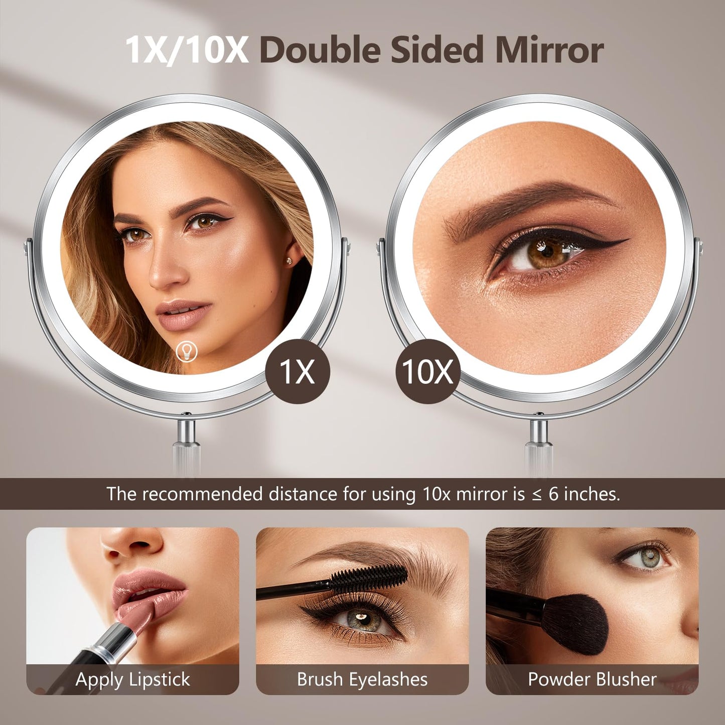 10x Large Lighted Makeup Mirror, Rechargeable 8" Height Adjustable Vanity Mirror, 1x/10x Magnifying Mirror with 3 Color, Brightness Adjustable, 360° Beauty & Personal Care UBYMET