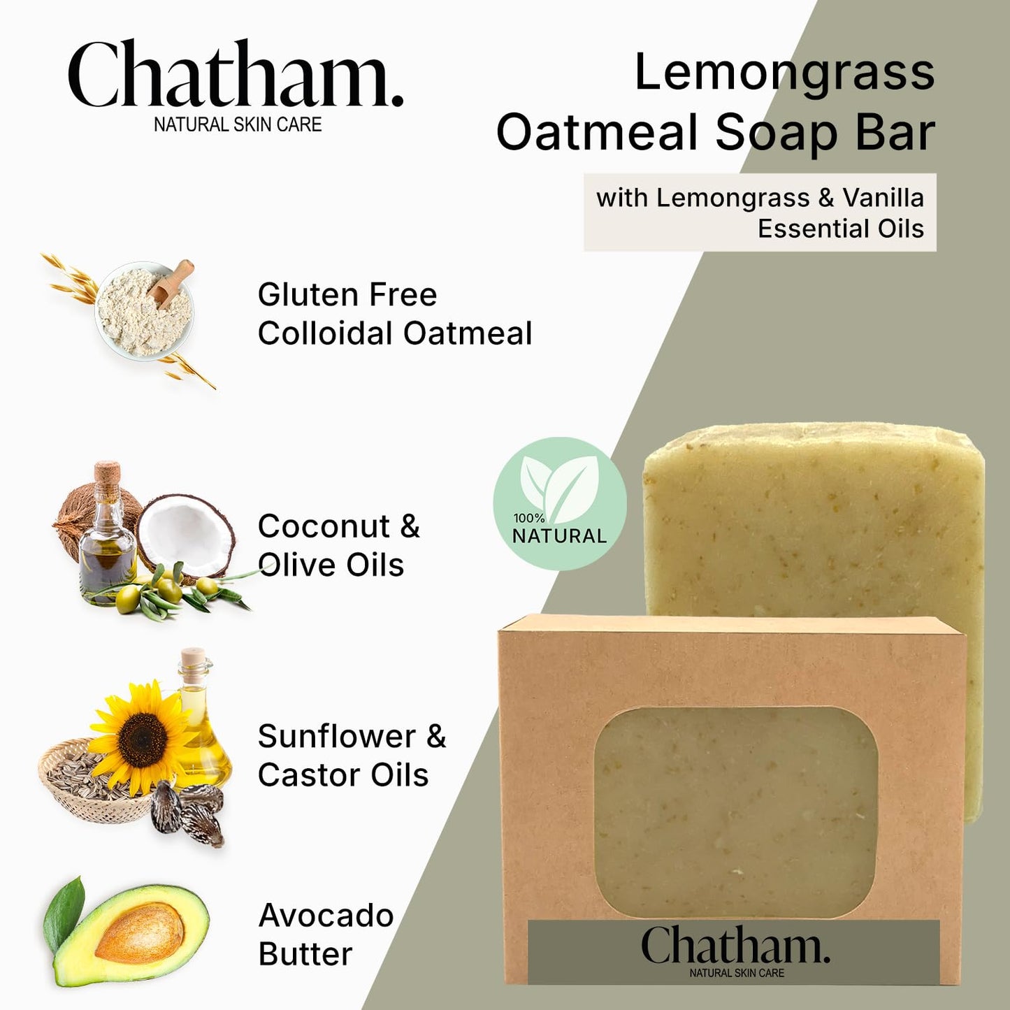Lemongrass Oatmeal Moisturizing Soap Bar 5oz for Dry Skin, 100% Natural Ingredients, Shea Butter Free, and Lemongrass and Vanilla Essential Oils Beauty & Personal Care Chatham Natural Skin Care