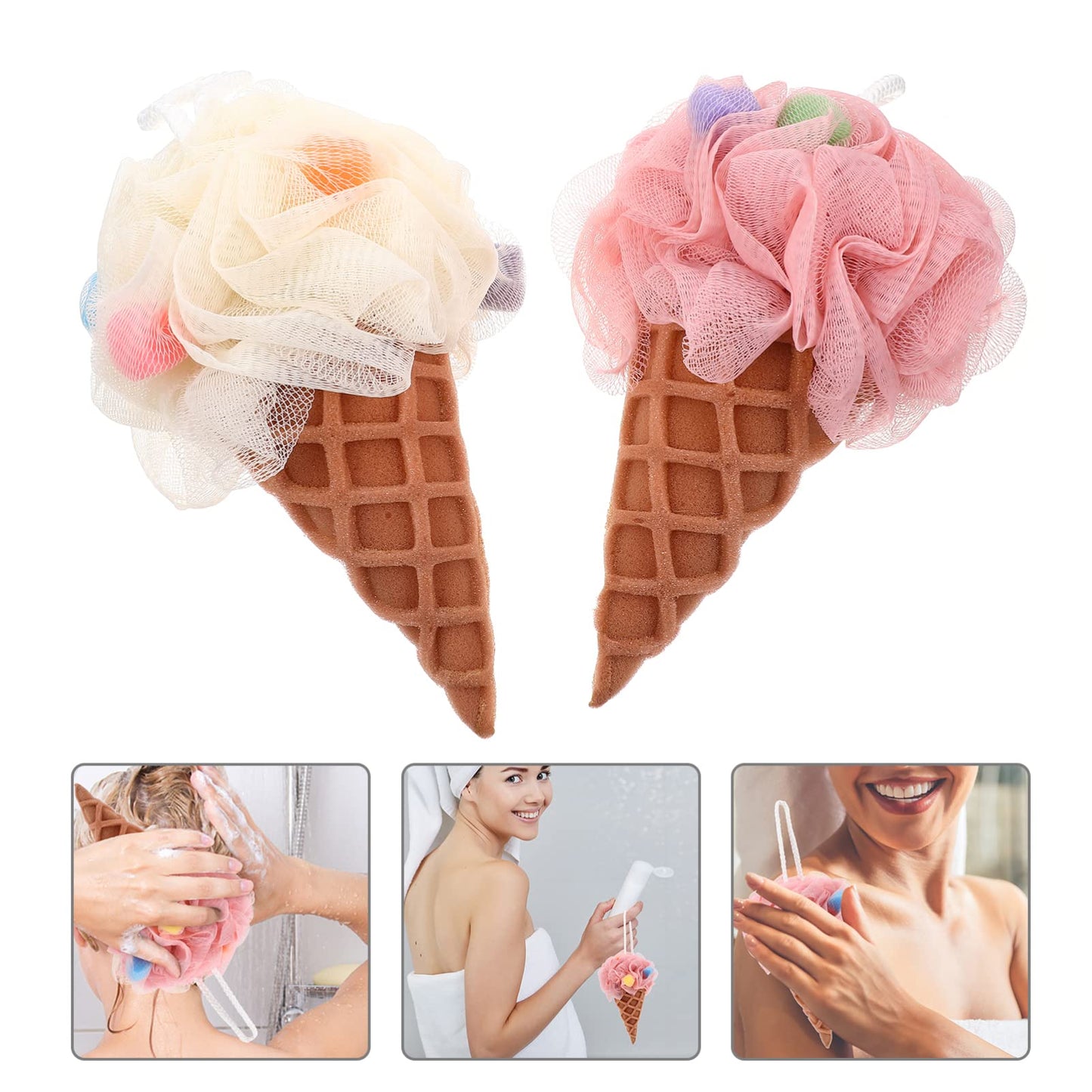 EXCEART 2 Pcs Household Loofah Sponge Ice Cream Shower Balls with Quick-Dry Lanyard Soft Bath Sponges for Gentle Exfoliating and Refreshing Shower Beauty and Personal Care EXCEART