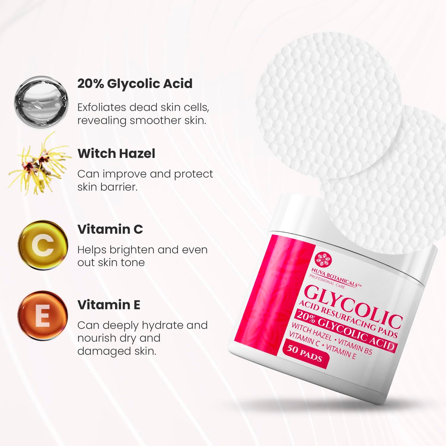 20% Glycolic Acid Exfoliating Pads 50 Ct – At-Home Chemical Peel with Vitamin C | Face Pads for Acne, Wrinkles, Dark Spots & Smooth Skin Beauty & Personal Care Nuva Botanicals