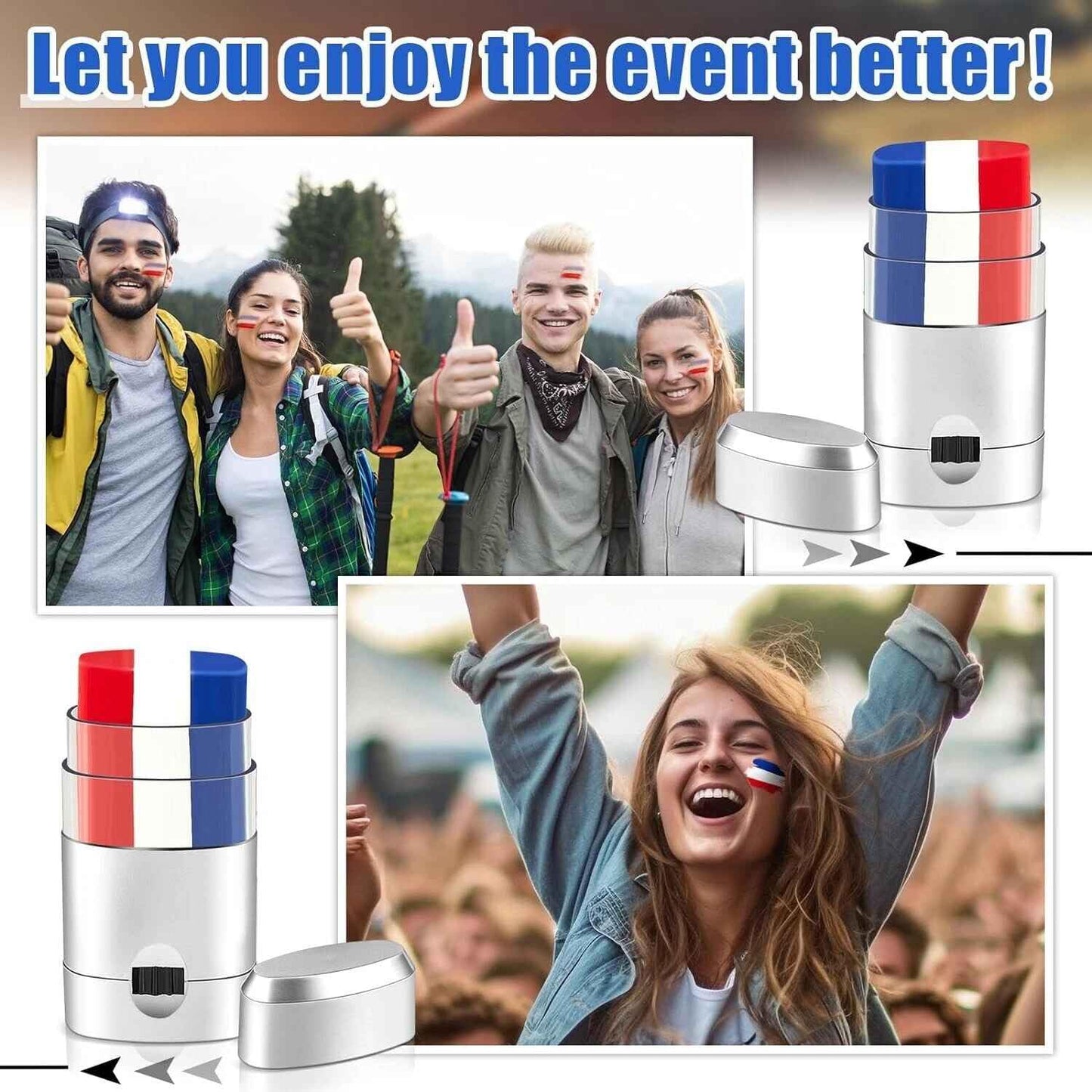 1 Set Blue White Red Stick Face Paint, Patriotic 4th of July Face Paint, Flag Face Paint, Stripe Fan Brush Stick for Cosplay, Party, Sports Makeup Beauty & Personal Care RANYUNSYZ