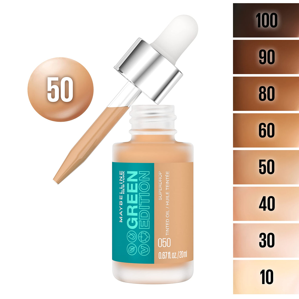 Maybelline Green Edition Superdrop Tinted Oil Base Makeup, Adjustable Natural Coverage Foundation Formulated With Jojoba & Marula Oil, 50, 1 Count
