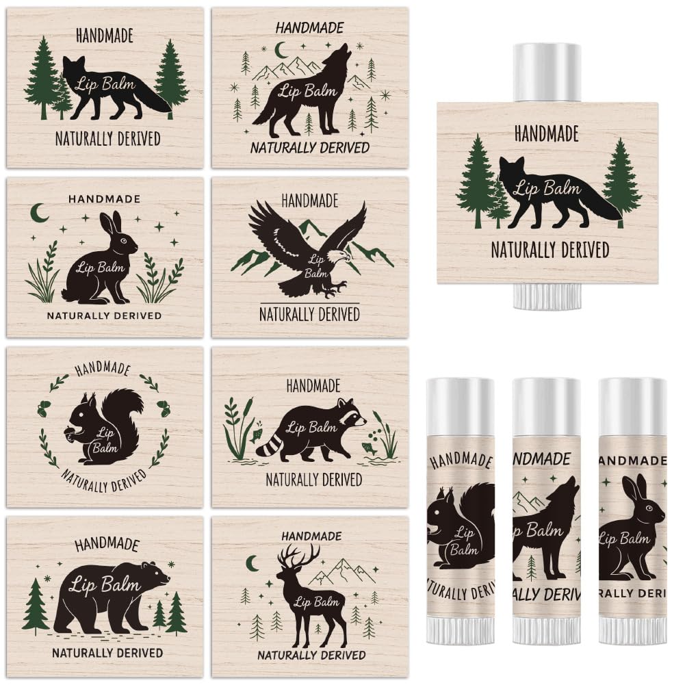 Peacoblue 160Pcs Lip Balm Labels Sticker for Tubes 2.1"x1.7" Forest Animal Silhouettes, 8 Styles Waterproof Chapstick Labels Glossy for Homemade Lip Beauty and Personal Care peacoblue