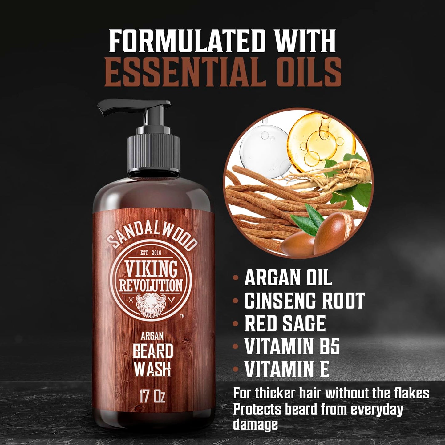 Viking Revolution Beard Wash Shampoo w/Argan & Jojoba Oils - Softens & Strengthens - Sandalwood Scent - 17 oz Shampoo Beauty & Personal Care Viking Revolution