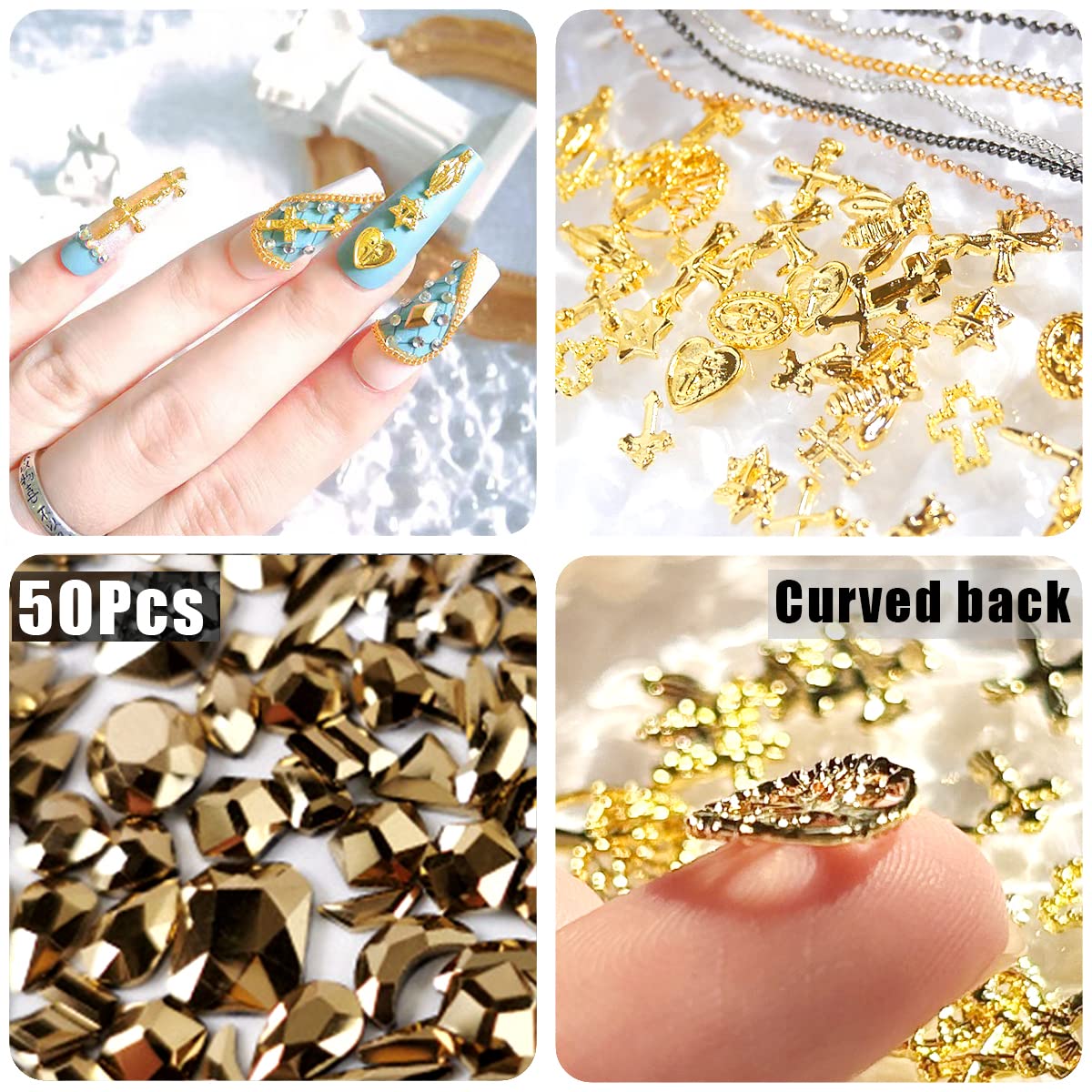 3D Cross Nail Charms,Gold Flat Back Nail Pearls Beads for Crafting,Cute Nail Charms Y2k Rhinestones Jewelry for Nail Art Flower Virgin Mary Religious Beauty & Personal Care LCiclly