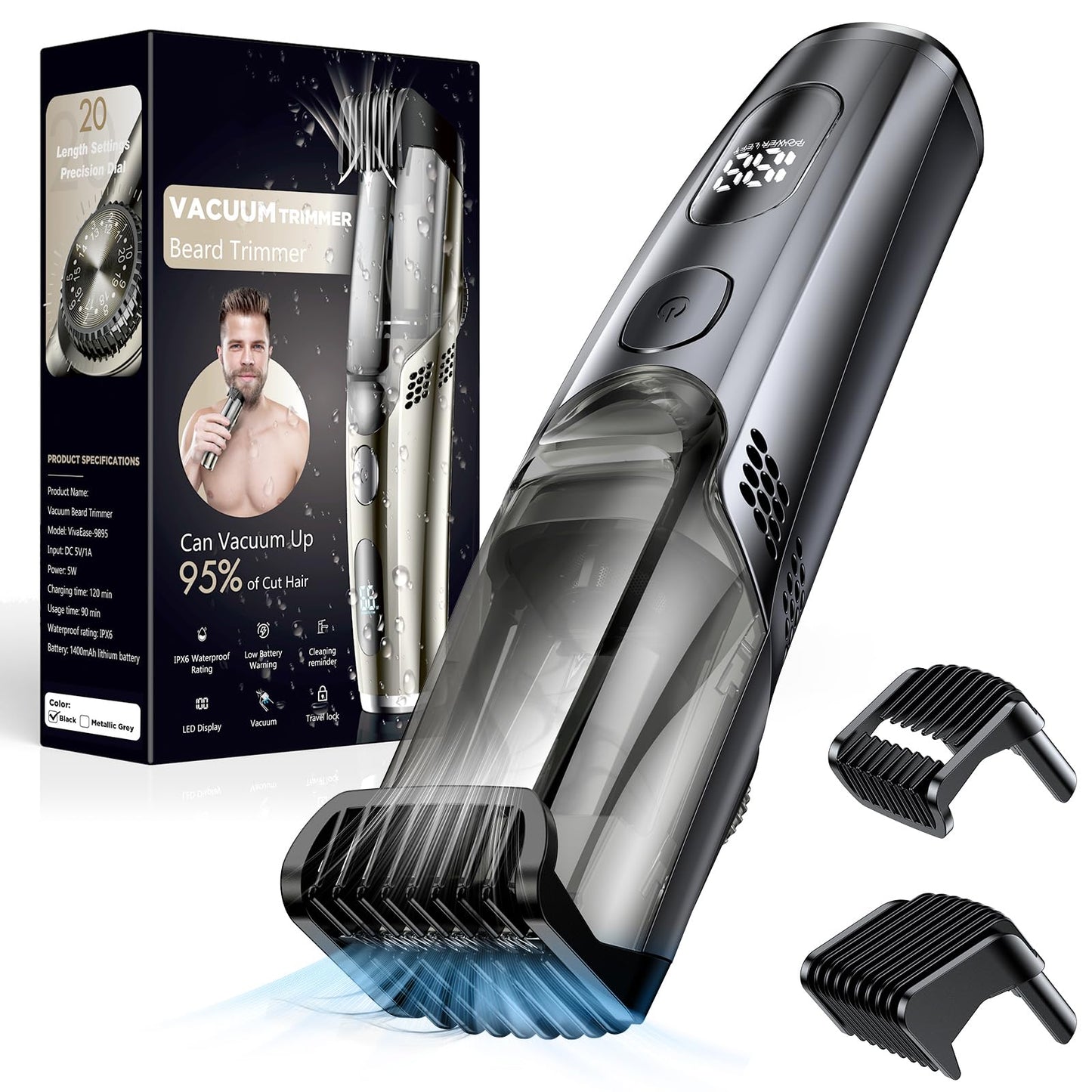 TailsUp Vacuum Beard Trimmer for Men, Adjustable Precision Trimming Length with 2 Comb, Electric Cordless Vacuum Trimmer for Beard, Waterproof Beauty and Personal Care TailsUp
