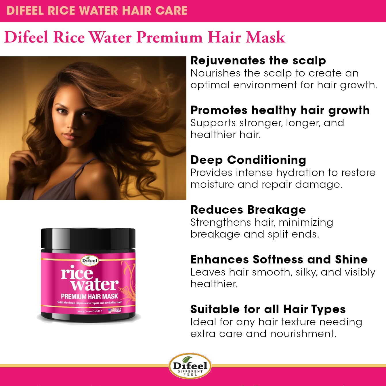 Difeel Premium Rice Water Hair Mask 12 oz. - Deep Repair Mask for Dry, Damaged Hair Beauty & Personal Care Difeel