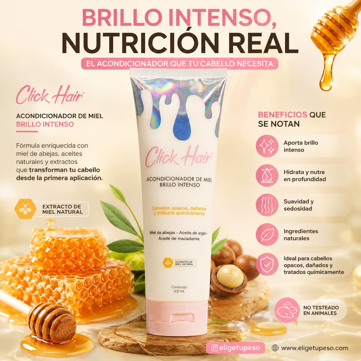 Click Hair Honey Conditioner Intense Shine Acondicionador De Miel Brillo Intenso Colombia (10.1oz - 300ml)