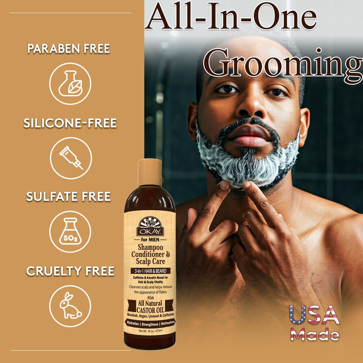 OKAY-MEN 3 in 1 Shampoo and Conditioner - Castor Oil Shampoo and Conditioner, Beard Wash, Clarifying Treatment for Dry Damaged Hair, Dandruff, Curly