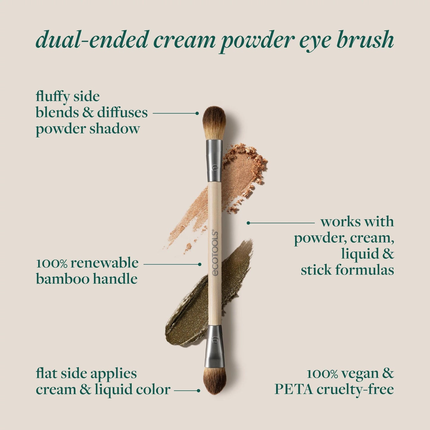 EcoTools Cream & Powder Dual-Ended Eye Brush, Flat & Fluffy Eyeshadow Brush for Packing, Blending & Full Eye Looks, Sustainable Makeup Brush, Vegan Beauty & Personal Care EcoTools