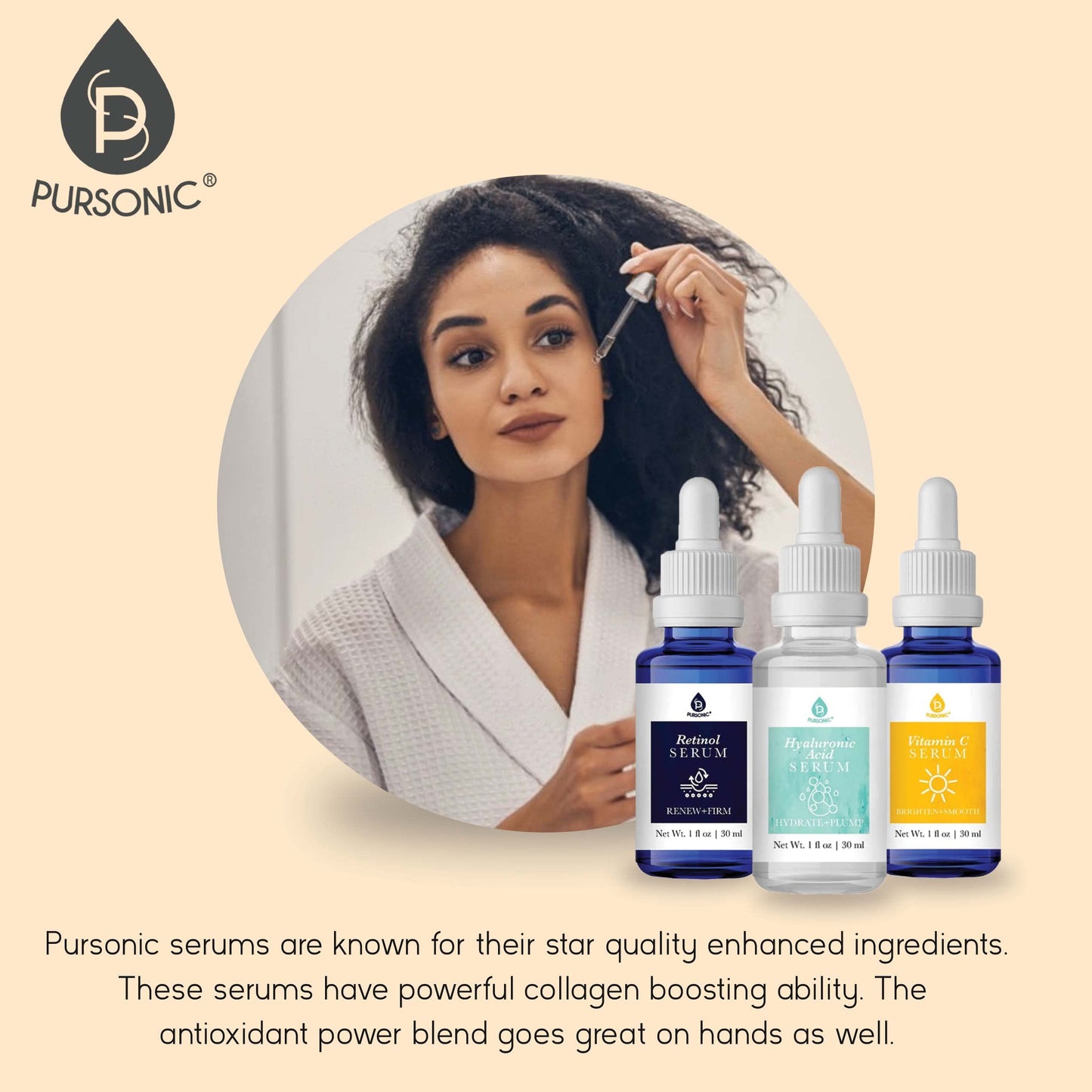 PURSONIC Anti Aging Skin Care Set of 3 - Hyaluronic Acid Serum, Retinol Serum & Vitamin C Face Serum for Women - Nourishing Hydrating Serum for Face Beauty & Personal Care PURSONIC