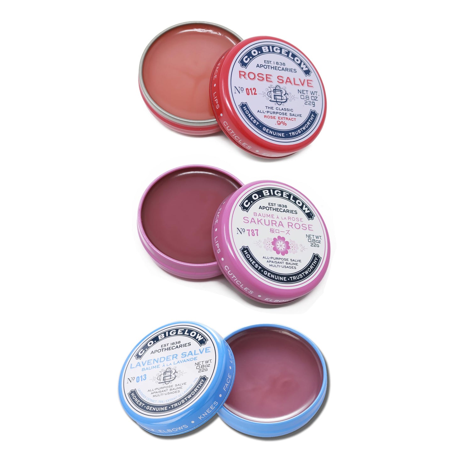 C.O. Bigelow Assorted Salve Tins, Pack of 3 Lip Balm Tins, Rose, Lavender, and Sakura Rose All Purpose Salve for Lips, Cuticles, Hands & Dry Skin, Lip Beauty and Personal Care C. O. Bigelow