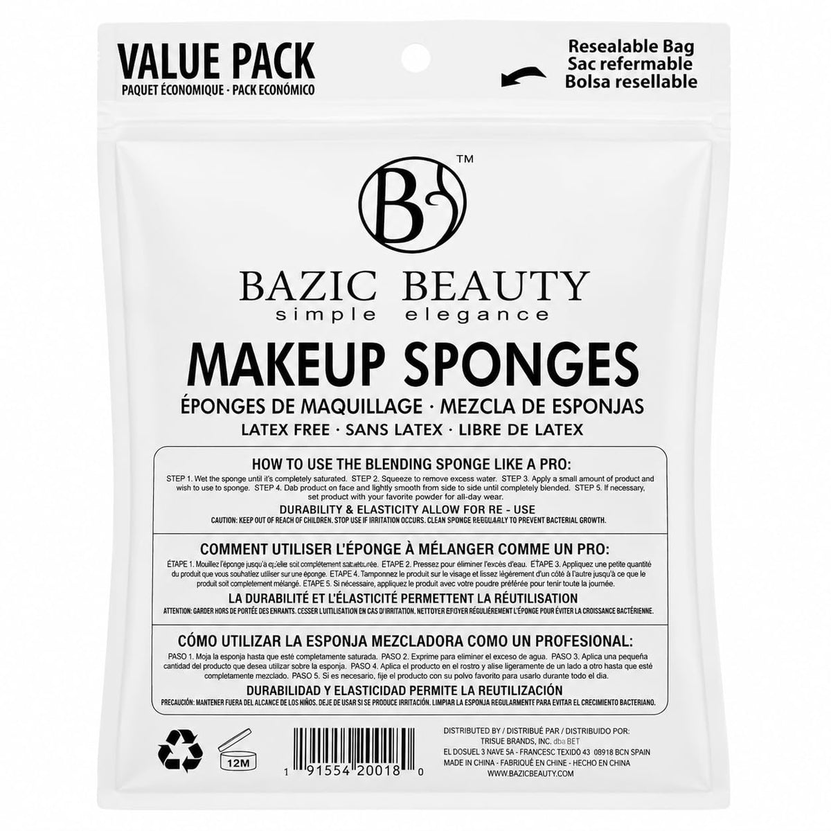 Bazic Beauty Assorted Makeup Sponges, Latex Free, Value Pack, Resealable Bag, 25 Count