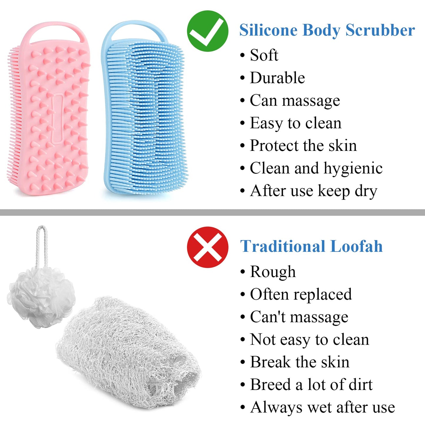 Silicone Body Scrubber Loofah, 2 in 1 Shower Scrubber for Body, Soft Silicone Loofah for Sensitive Women Men All Kinds of Skin, Scalp Massager Shampoo Beauty and Personal Care LronFensy