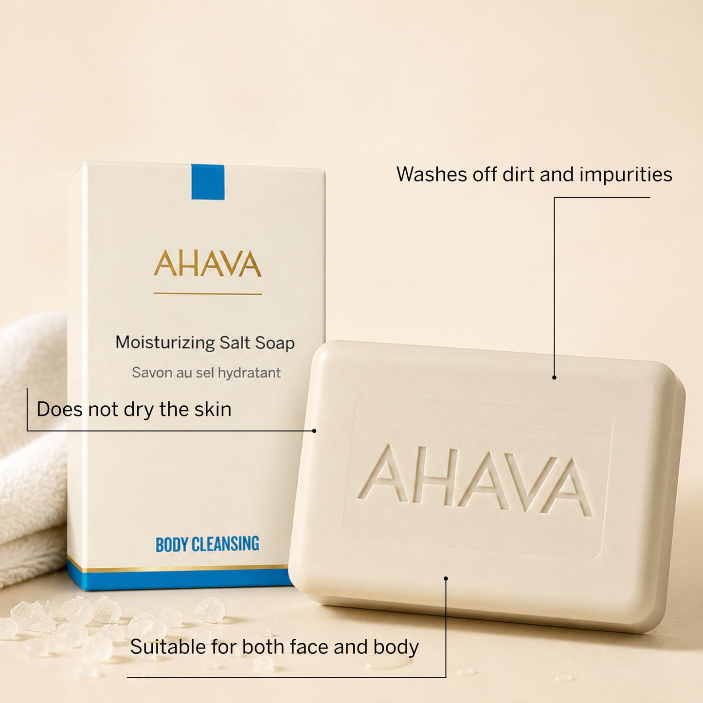 AHAVA Moisturizing Dead Sea Salt Soap - Face & Body Cleansing Bar to Moisture the Skin, Enriched with Exclusive Mineral Blend of Dead Sea Osmoter Beauty & Personal Care AHAVA