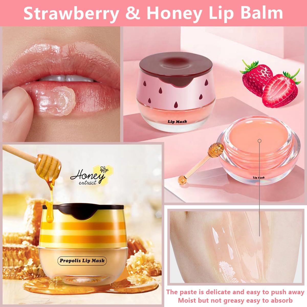 4 Pcs Strawberry & Honey Lip Balm, Moisturizing Propolis Sleeping Lip Mask, Vitamin E Lip Masks, Hydrate Repair Prevent Dry Cracked Lip Exfoliator Lip Beauty and Personal Care XTJXTJ
