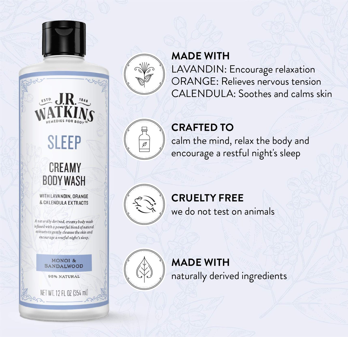 J.R. Watkins Sleep Creamy Moisturizing Body Wash, Cleanses & Encourages Restful Sleep, Natural Monoi & Sandalwood, 12 oz Beauty & Personal Care J.R. Watkins
