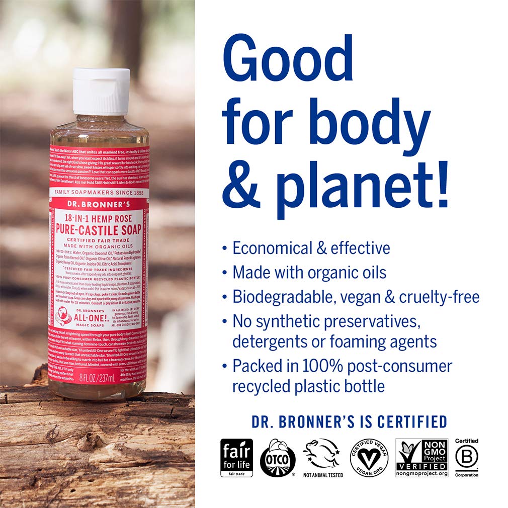 Dr. Bronner's - Pure-Castile Liquid Soap (Rose, 16 ounce) - Made with Organic Oils, 18-in-1 Uses: Face, Body, Hair, Laundry, Pets and Dishes Beauty & Personal Care Dr. Bronner's