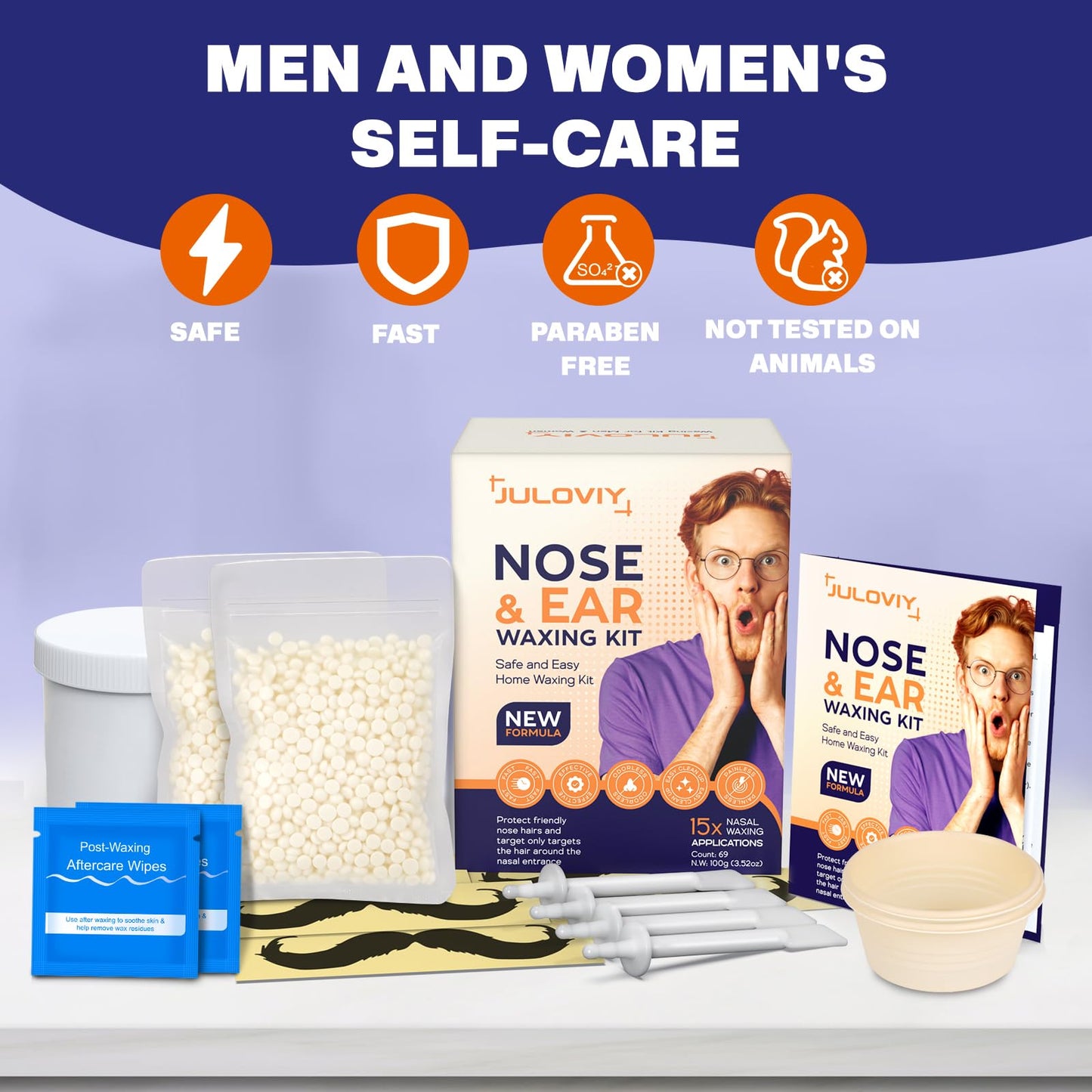 Nose & Ear Waxing Kit - Hypoallergenic Wax + 30 Applicators - Painless Hair Removal for Men & Women - Includes 15 Soothing Balm Wipes & Mustache Beauty and Personal Care Juloviy