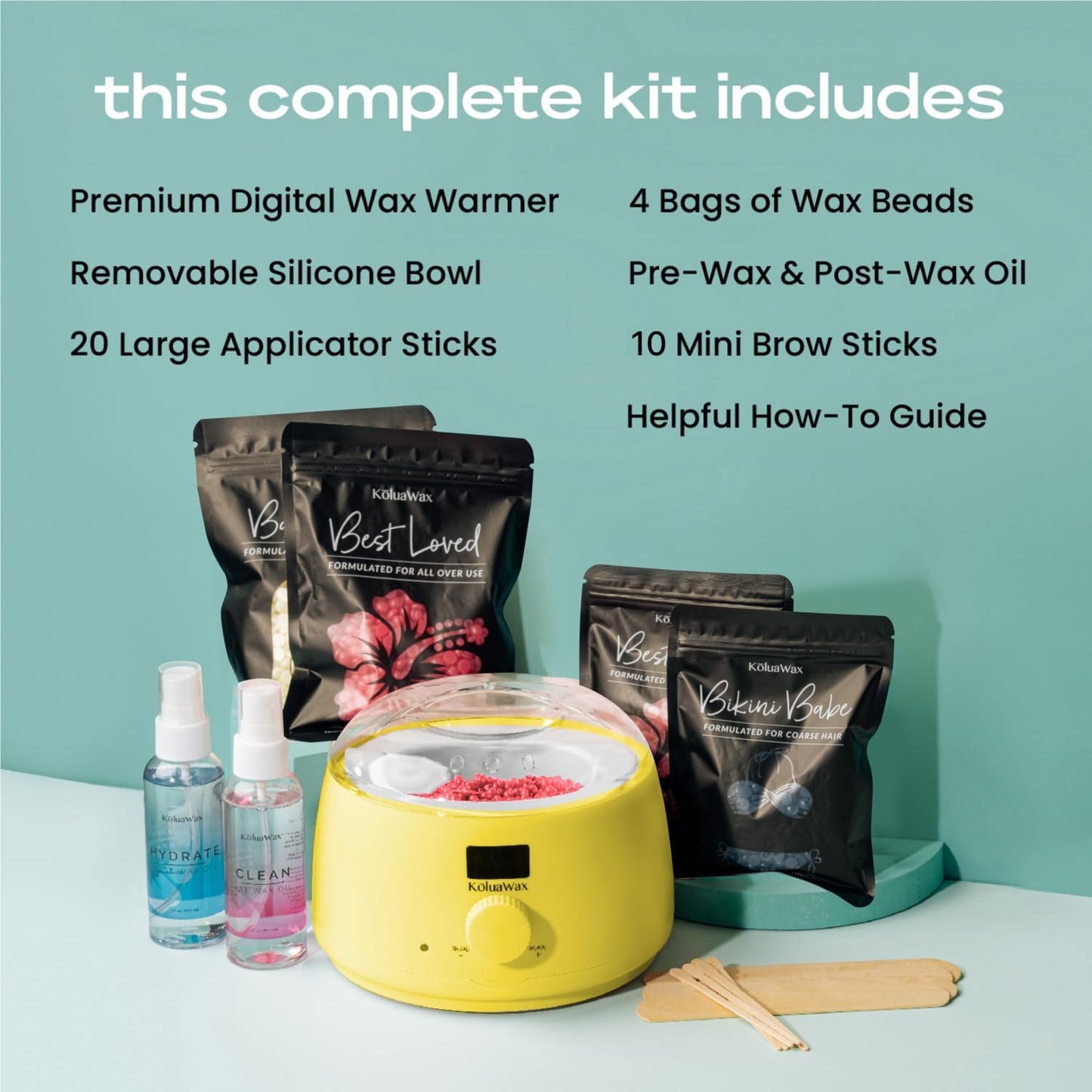 KoluaWax Premium Waxing Kit for Women - Beginner Friendly - Complete Wax Kit that includes 14oz of Wax Beads, Applicator, Pre and Post Care, Suitable Beauty and Personal Care KoluaWax