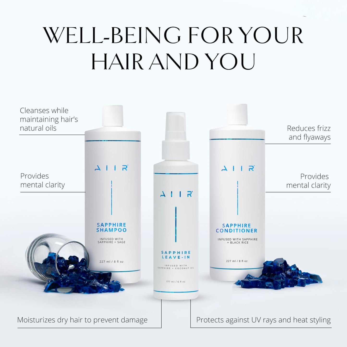 AIIR Sapphire Bundle - Sapphire Infused Shampoo, Conditioner & Leave-In Conditioner Set - Strengthen Damaged Hair, Frizz Control, Heat Protectant Beauty & Personal Care AIIR