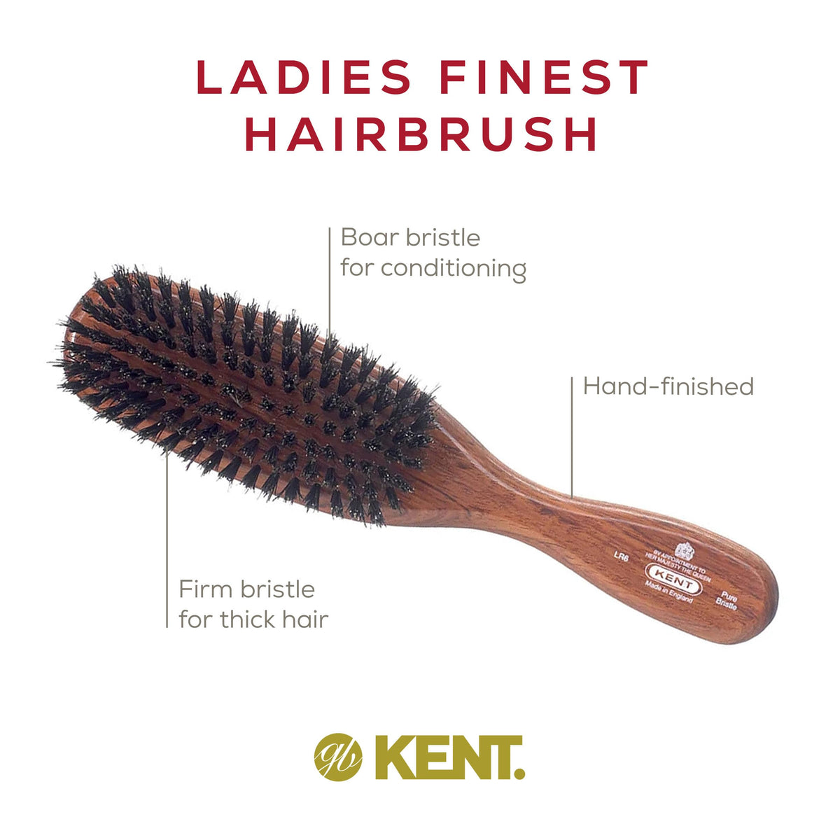 Kent LR6 Finest Dark Wood Styling Hair Brushes for Women - Natural Black Boar Bristle Hairbrush for Medium to Thick Hair of All Lengths - Dry Brush