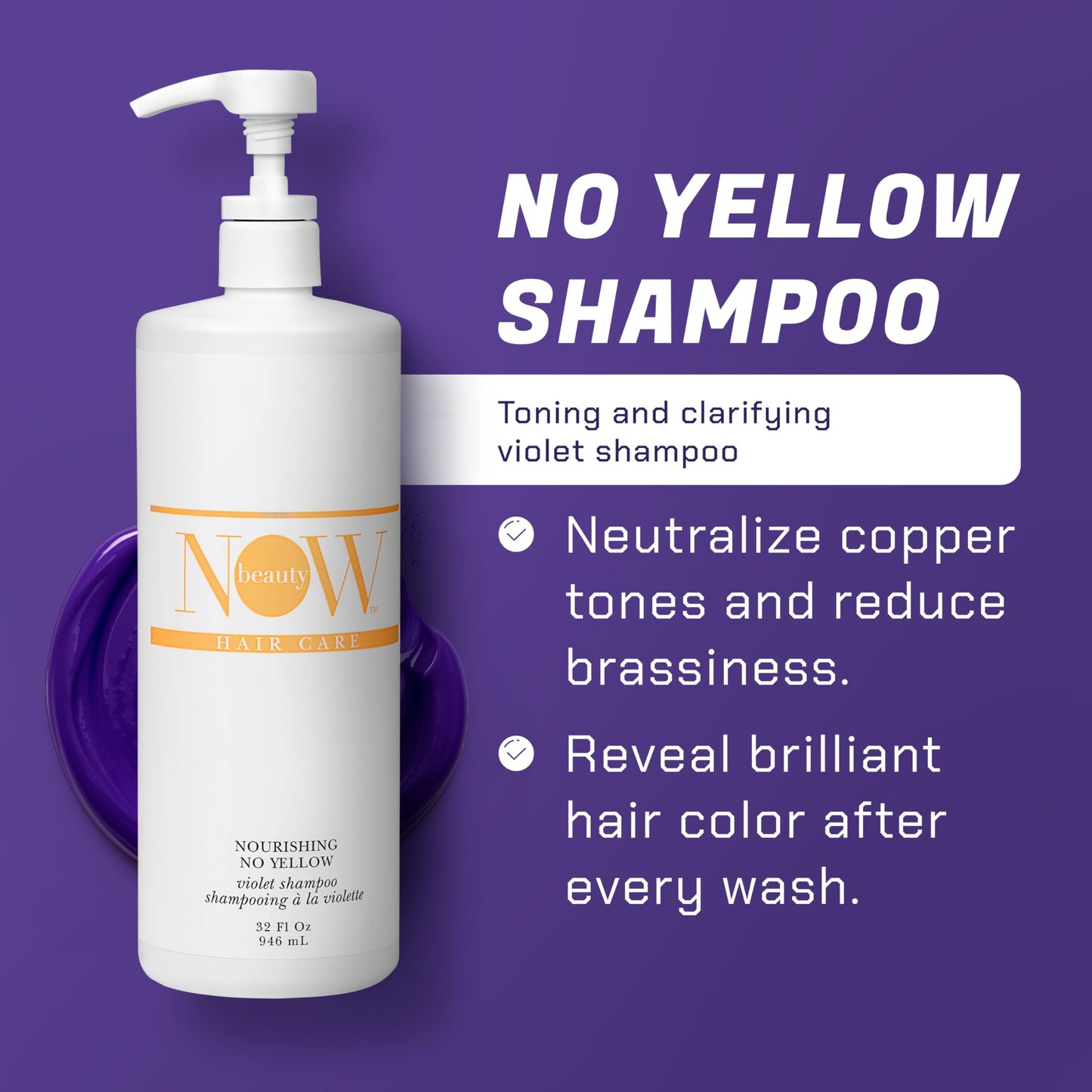 NOW BEAUTY Nourishing No Yellow Violet Shampoo - Purple Shampoo for Blonde Color-Treated Hair - Removes Brassiness - Hydrate - Vegan - Color safe Beauty & Personal Care NOW BEAUTY