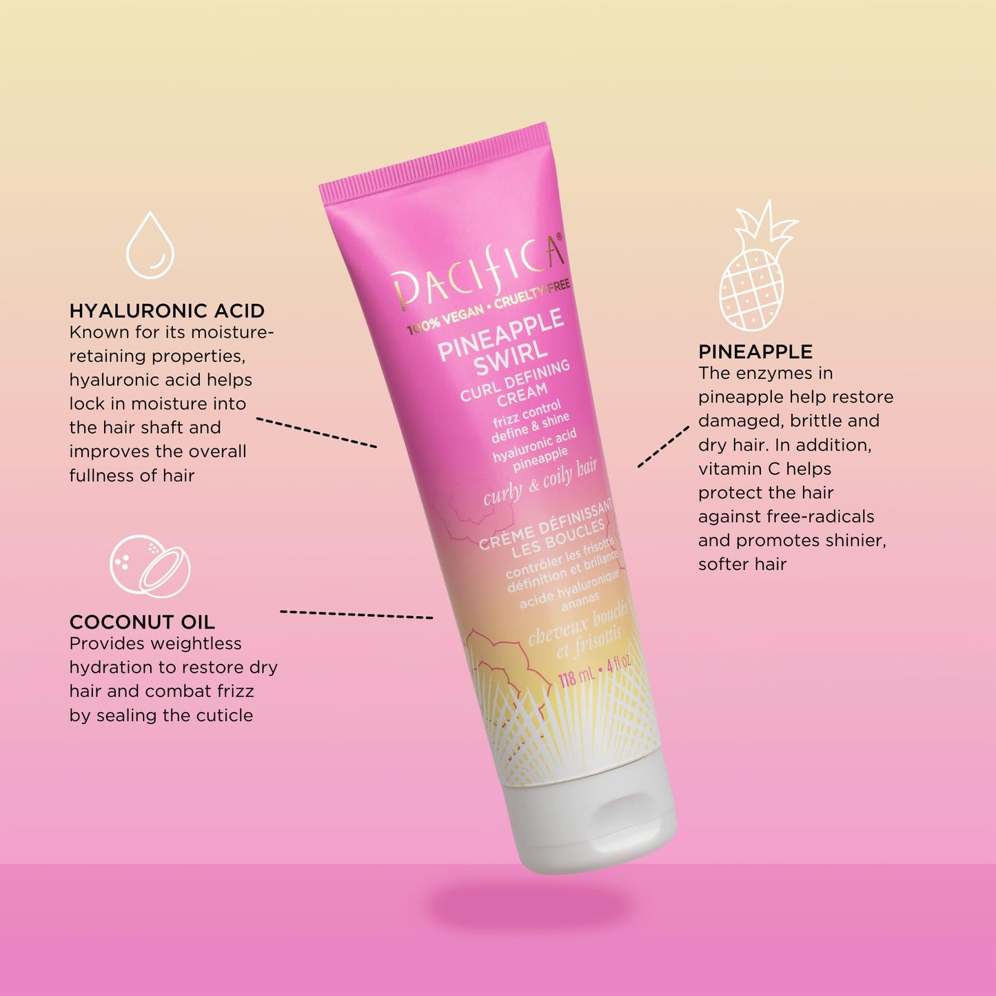 Pacifica Pineapple Swirl Curl Defining Cream - Curl Cream for Curly Hair, Curly Hair Products with Coconut Oil and Hyaluronic Acid, Styling for Bouncy Beauty & Personal Care Pacifica