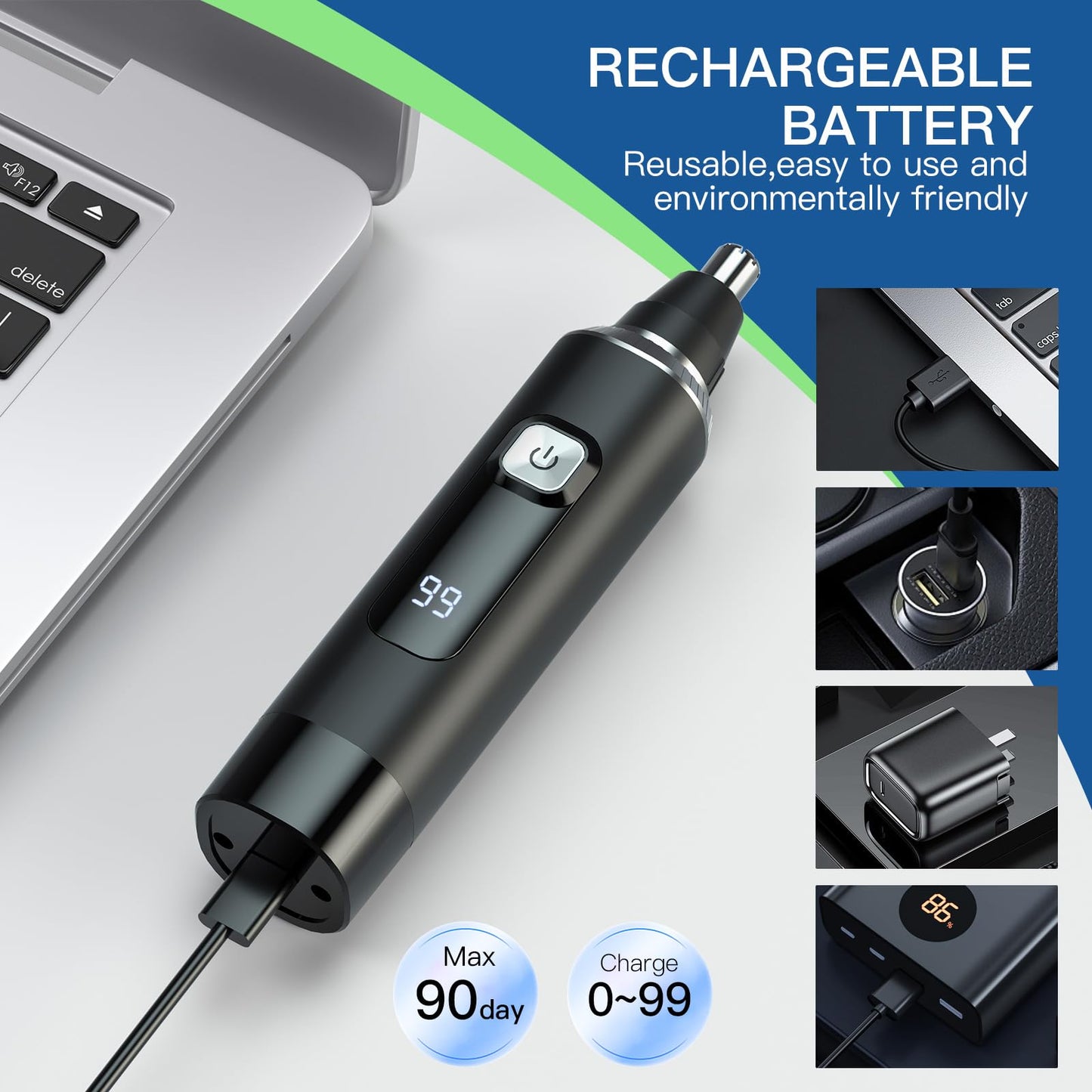 Ginity Nose Hair Trimmer for Men, 2-in-1 Rechargeable Ear and Nose Hair Trimmer with LED Display, IPX7 Waterproof Painless Precision Groomer, Type-C Beauty and Personal Care Ginity