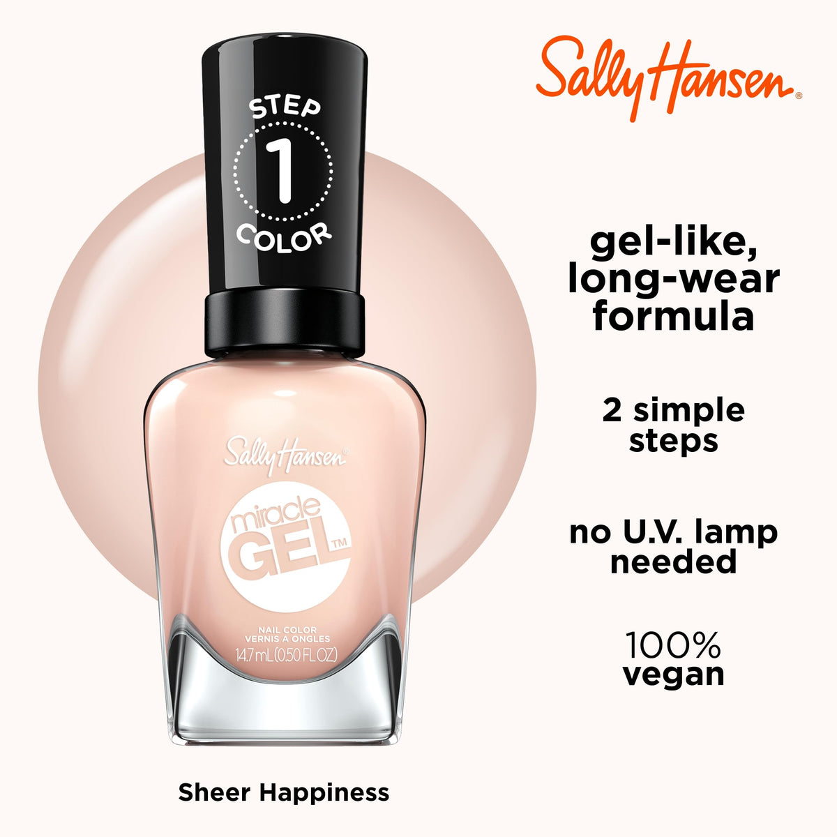 Sally Hansen Miracle Gel Salon Quality Nail Polish | Gel-Like Formula, Two-Step System, No UV Light Needed, Long Lasting | Sheer | 187 Sheer Happiness